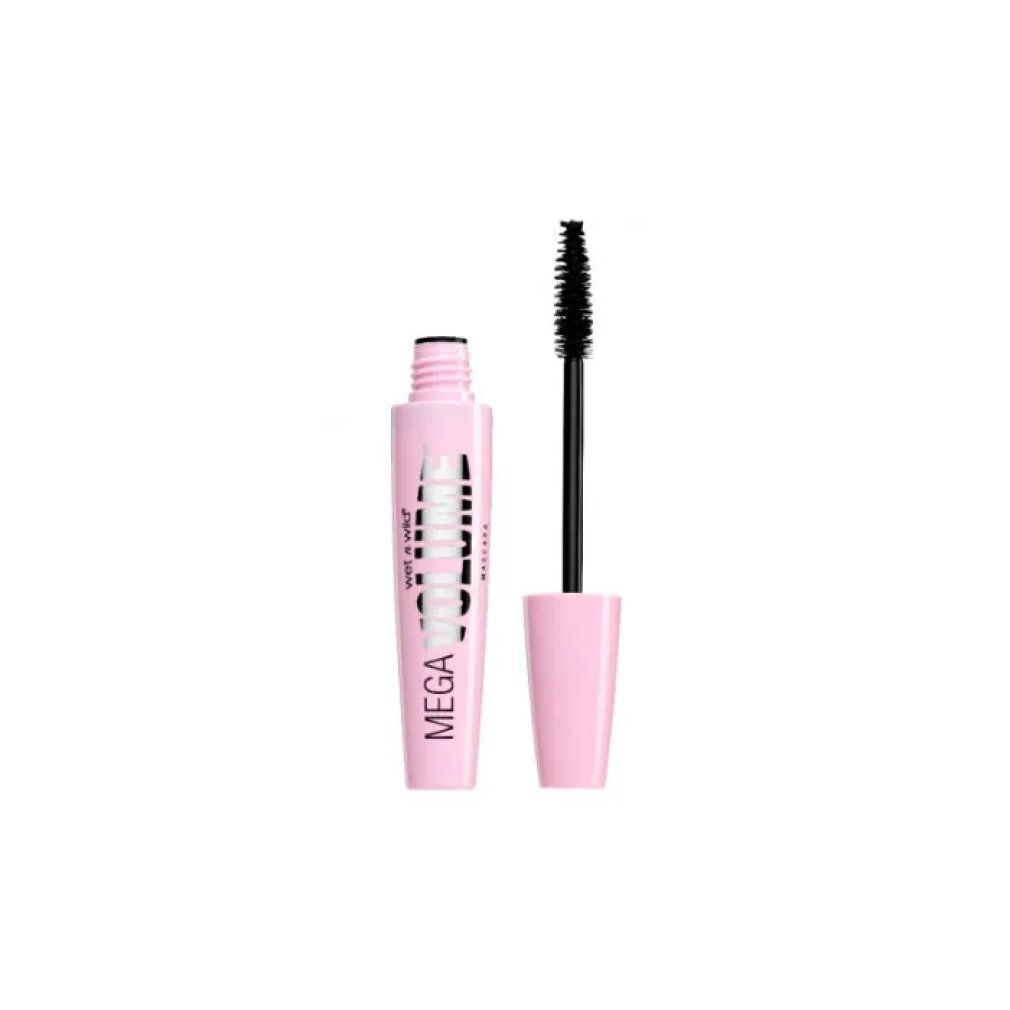 Rosa Mascara-Tube mit schwarzer Schrift. Der Deckel ist abgenommen und der Pinsel ist sichtbar. "MEGA VOLUME" steht auf dem Tube.