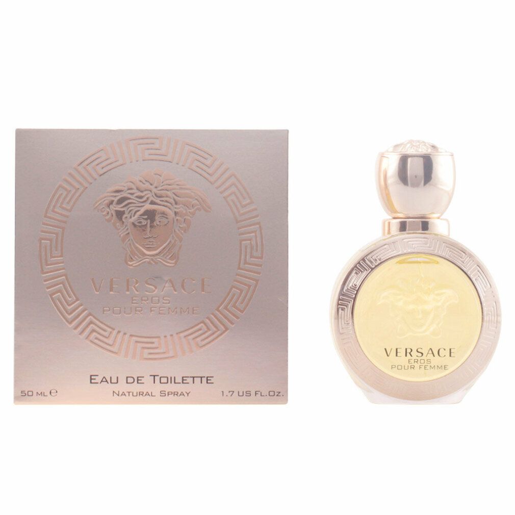 Versace Eros pour Femme Eau de Toilette. Flasche und Karton. Goldfarbene Details. Schriftzug.