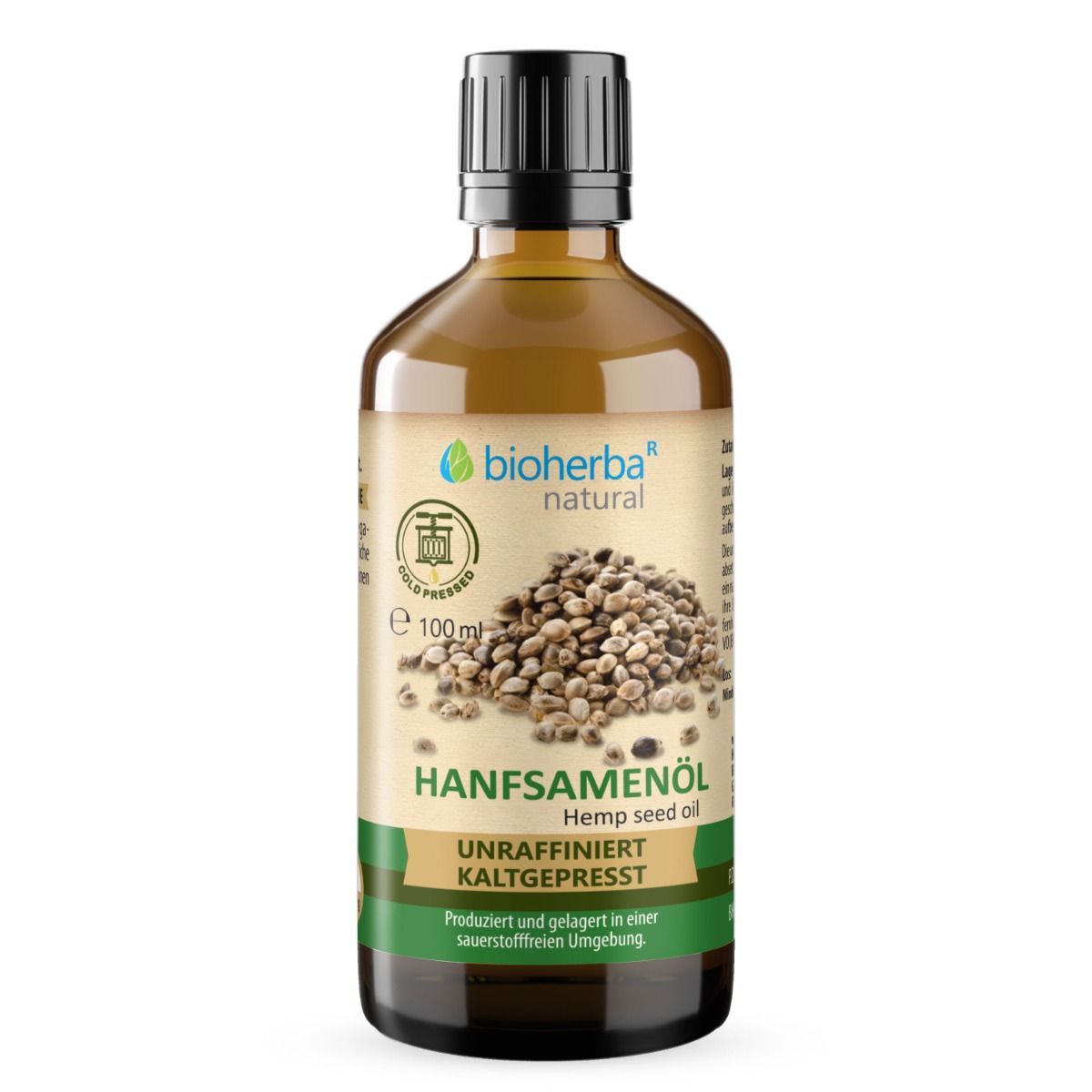 Braune Glasflasche mit schwarzem Deckel. Etikett mit Hanfsamen und Text: Hanfsamenöl, kaltgepresst, Bioherba.