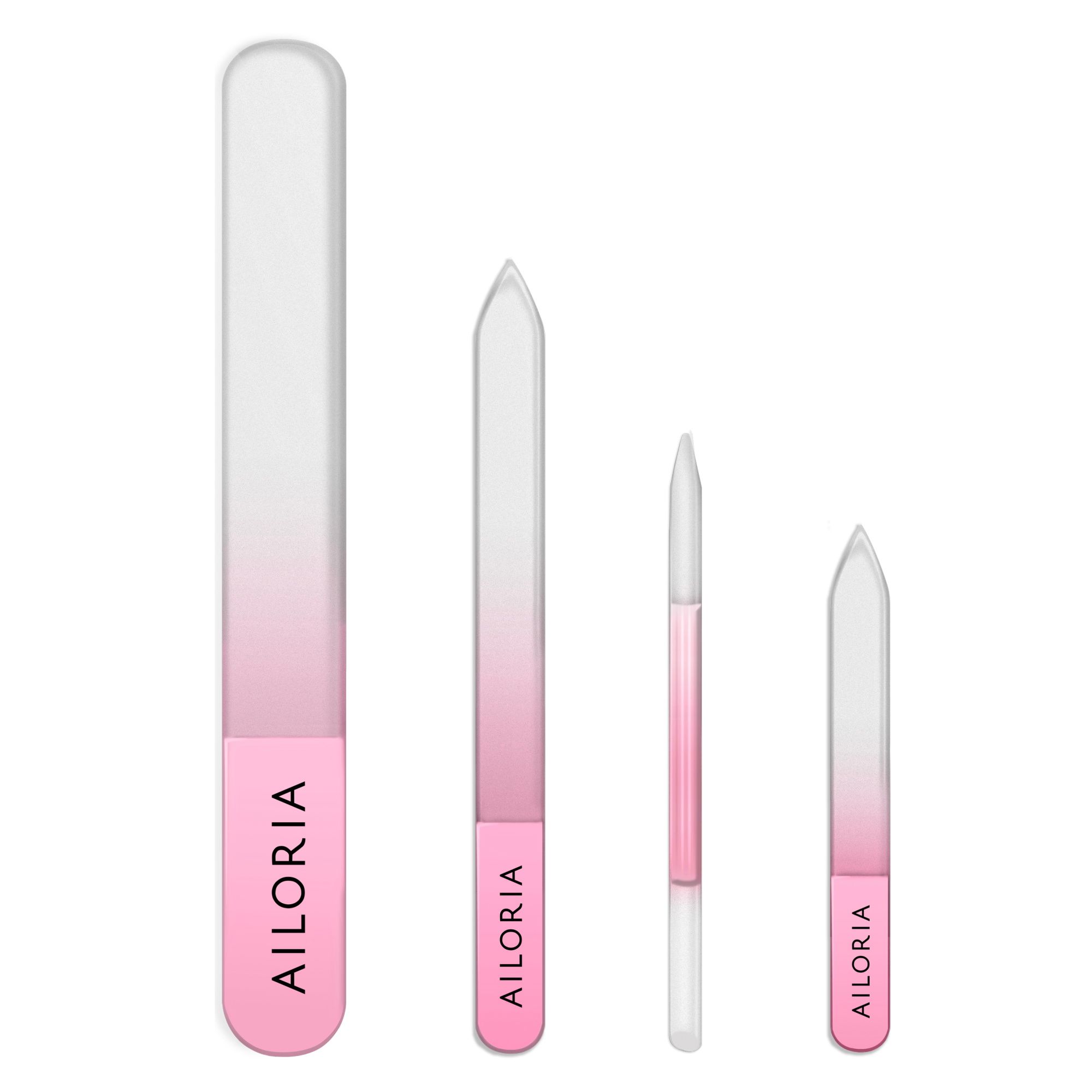 Nagelfeilen-Set. Vier Glasfeilen in verschiedenen Formen und Größen. Rosa Akzente und AILORIA-Logo.