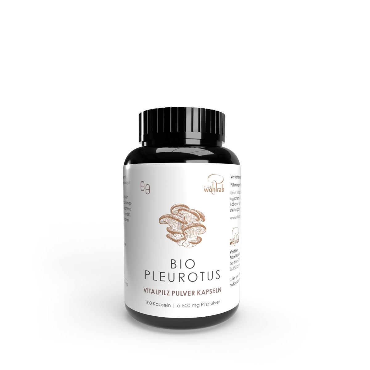 Schwarze Flasche mit Kapseln. Aufschrift: BIO PLEUROUTUS Vitalpilz Pulver Kapseln. 120 Kapseln | 500 mg Pulver.