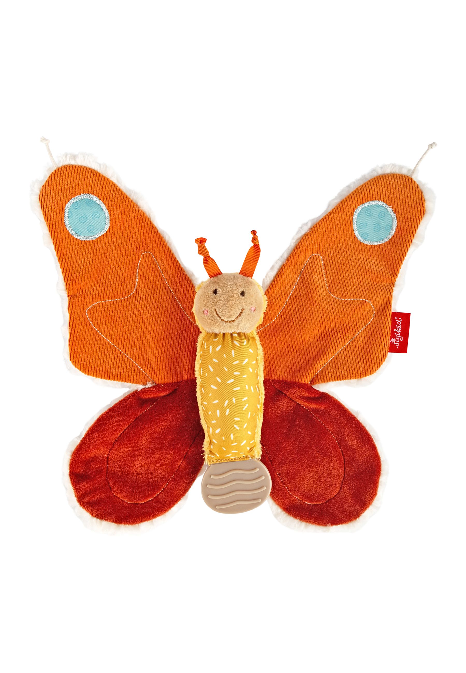 Schmetterling aus orangefarbenem Cordstoff mit gelbem Körper. Blaue Kreise auf den Flügeln. Marke SIGIKID.