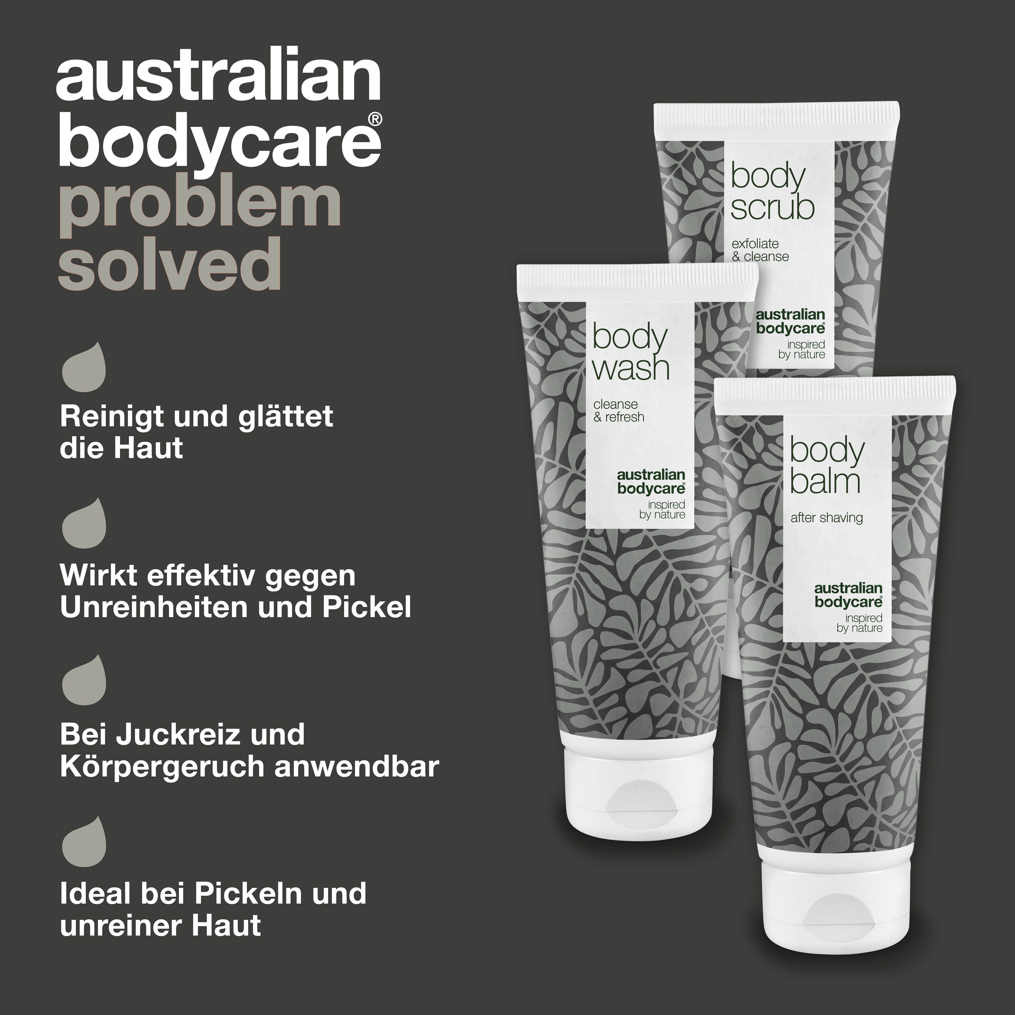 Drei Tuben mit Körperpflegeprodukten. Aufschrift: Body Scrub, Body Wash, Body Balm. Marke: Australian Bodycare.