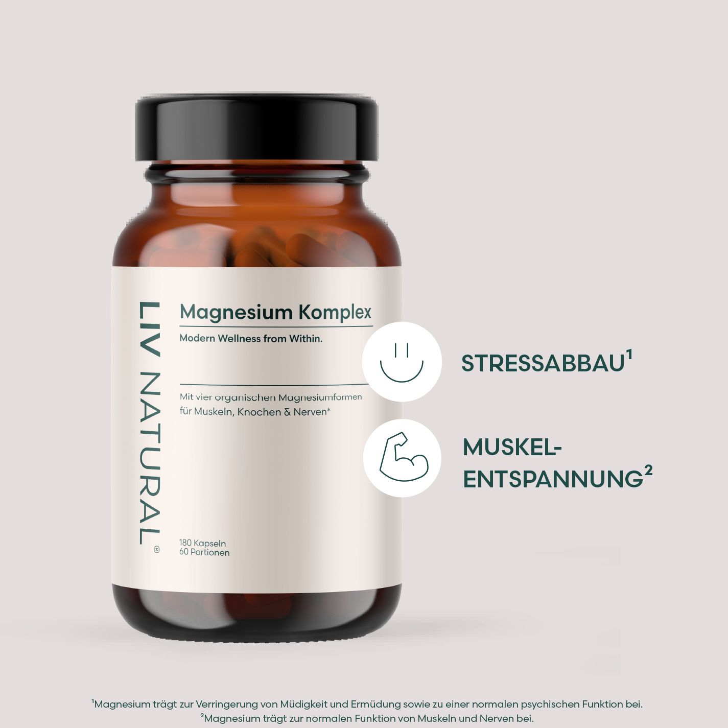 Braune Glasflasche mit schwarzem Deckel. Etikett mit Produktname und Text. Zwei Icons: lächelndes Gesicht und Muskel.