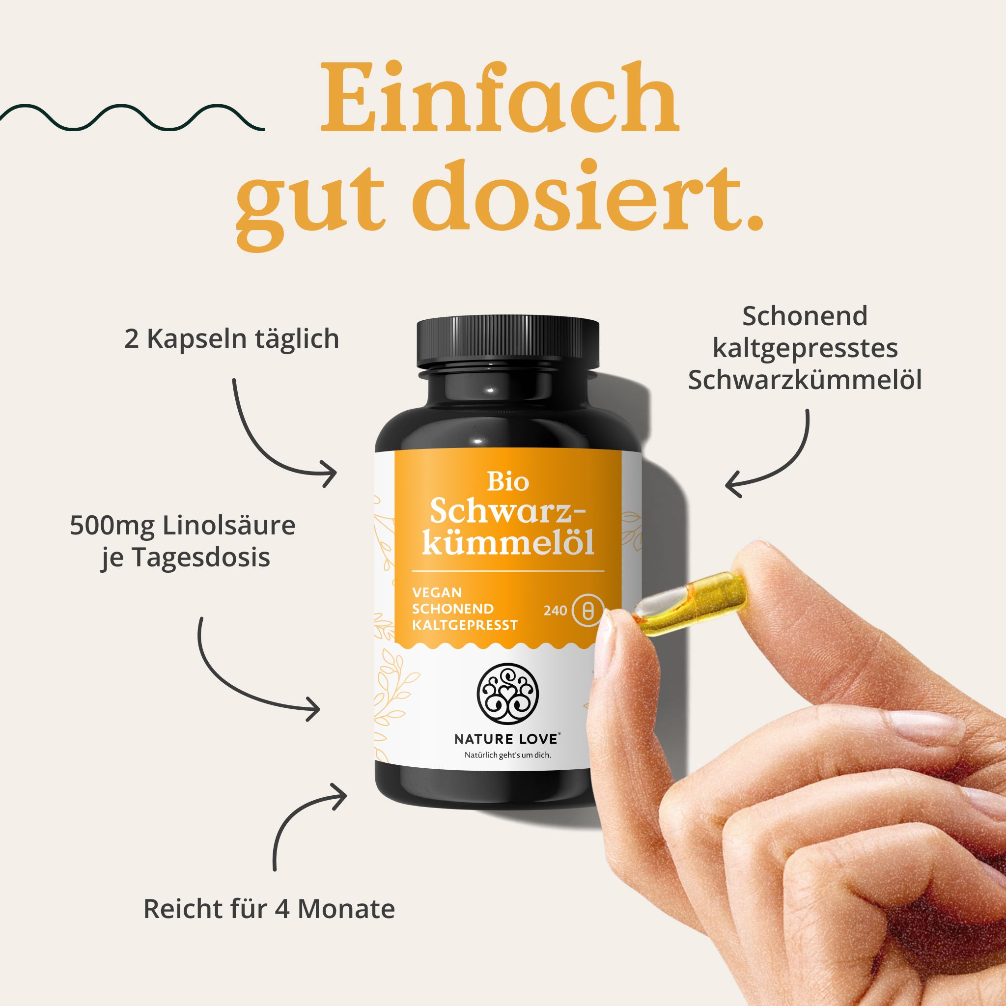 Flasche Bio-Schwarzkümmelöl mit Kapsel. 2 Kapseln täglich, 500mg Linolsäure je Tagesdosis, reicht für 4 Monate.