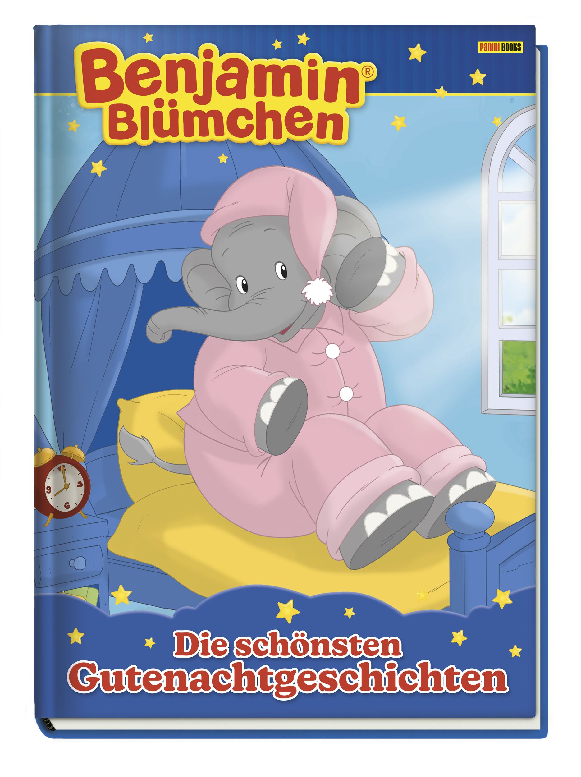 Buchcover mit Benjamin Blümchen im Schlafanzug. Titel: Die schönsten Gutenachtgeschichten.