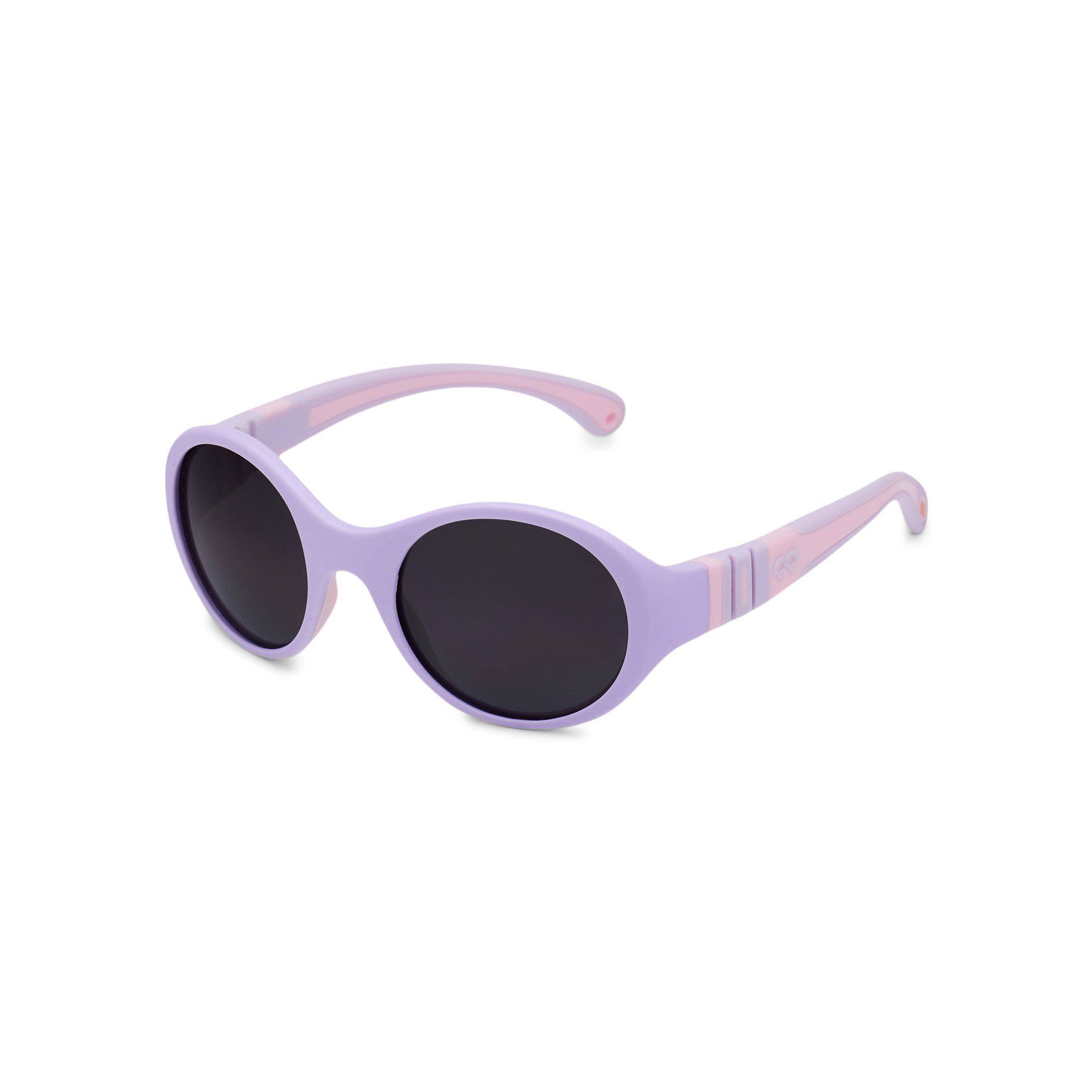 Lila Sonnenbrille mit schwarzen Gläsern. Bügel und Rahmen in Lila. Seitenansicht.