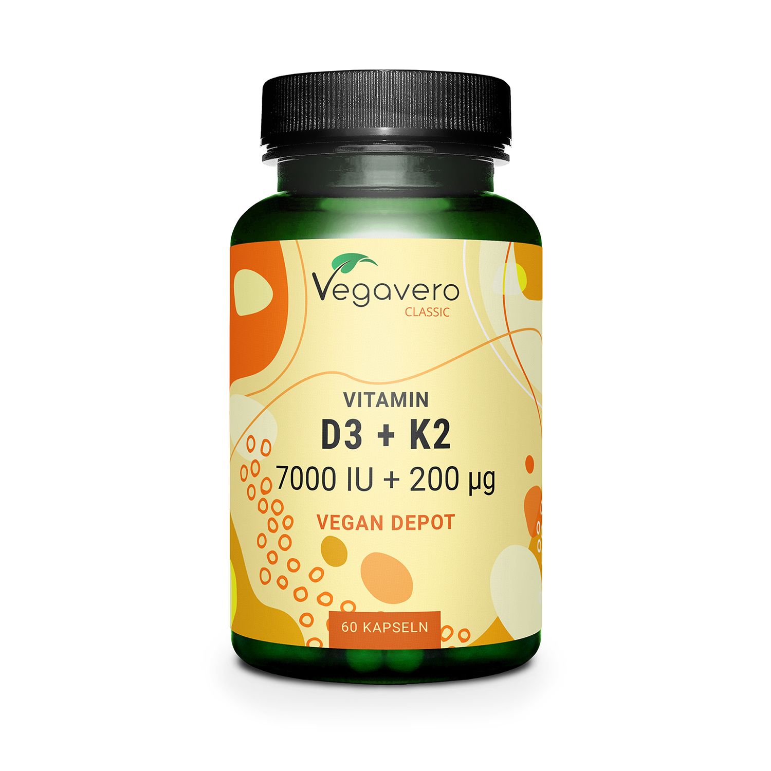 Grüne Flasche mit schwarzen Deckel. Aufschrift: Vegavaro, Vitamin D3 + K2, 7000 IE + 200 µg, Vegan Depot, 60 Kapseln.