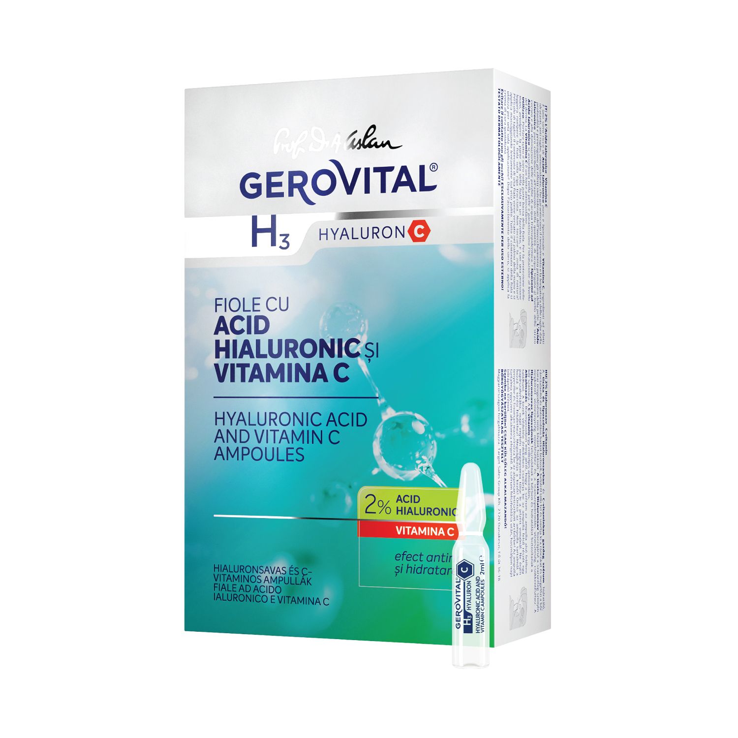 Verpackung mit Gerovital-Ampullen mit Hyaluronsäure 2 % und Vitamin C. Eine Ampulle liegt daneben.