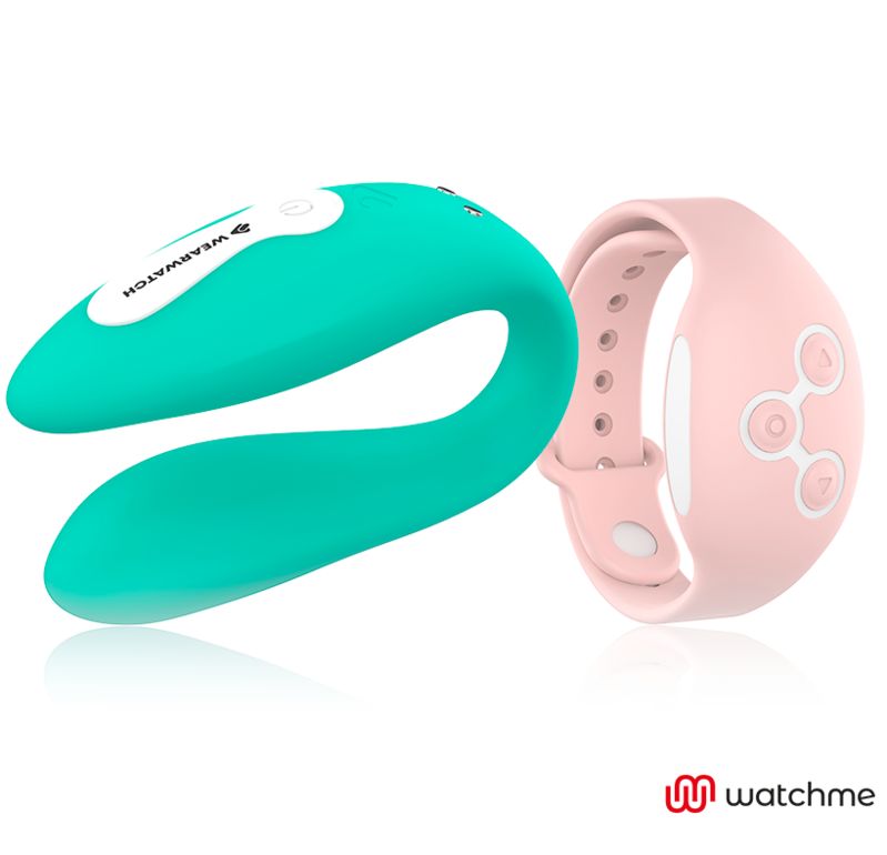 Türkisfarbenes Wearwatch-Produkt und rosa Armband mit Bedienelementen. Watchme-Logo.