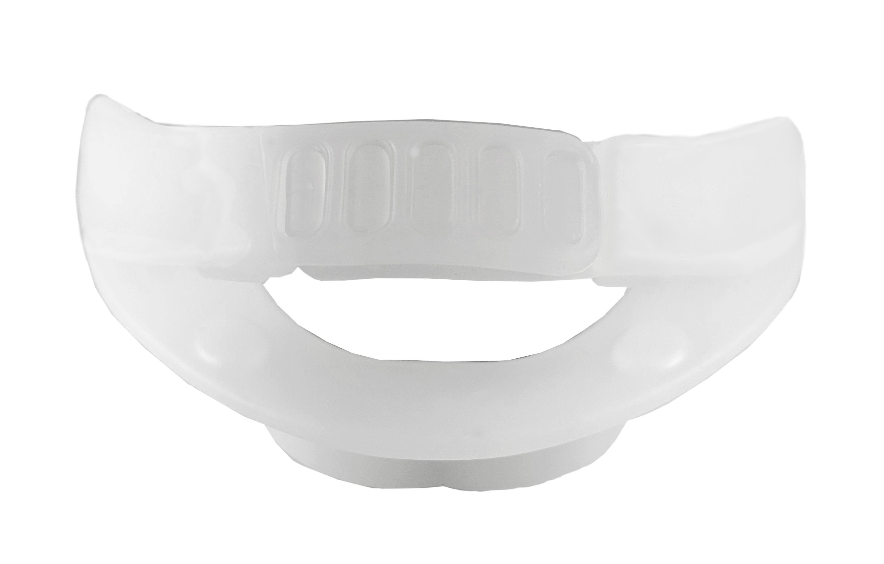 Weiße Unterkieferprotrusionsschiene. U-Form mit Aussparungen. Auf weißem Hintergrund.