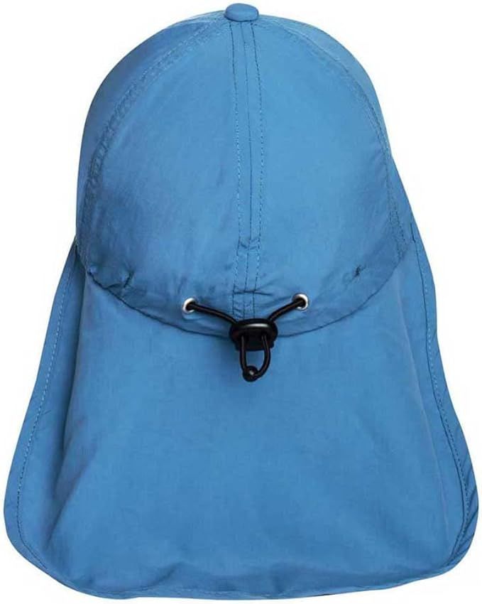 Blauer iQ-UV Cap mit Nackenschutz. Rückansicht mit verstellbarem Band.