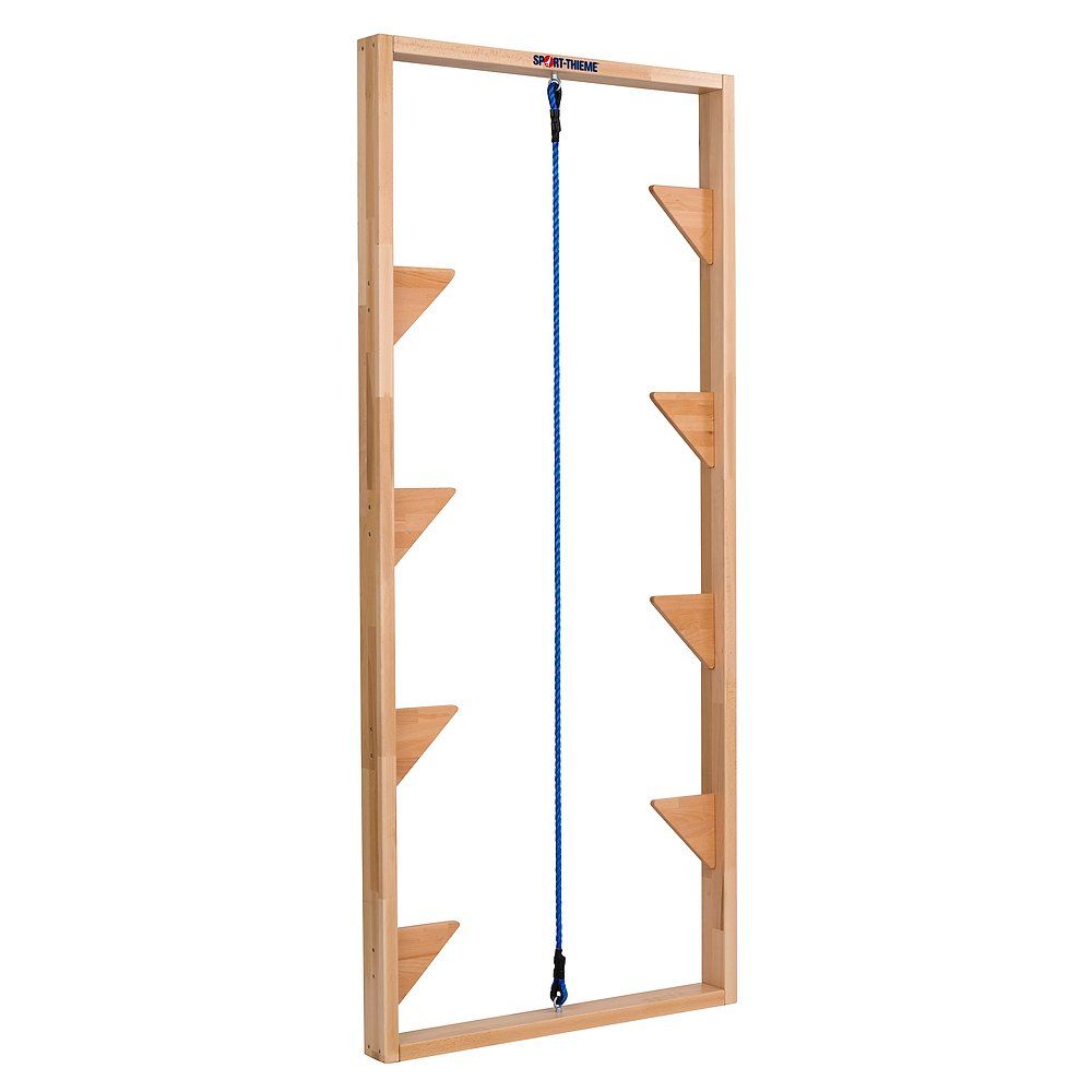 Holzrahmen mit Sprossen und Seil. Acht dreieckige Holzhalterungen. Blaues Seil in der Mitte.