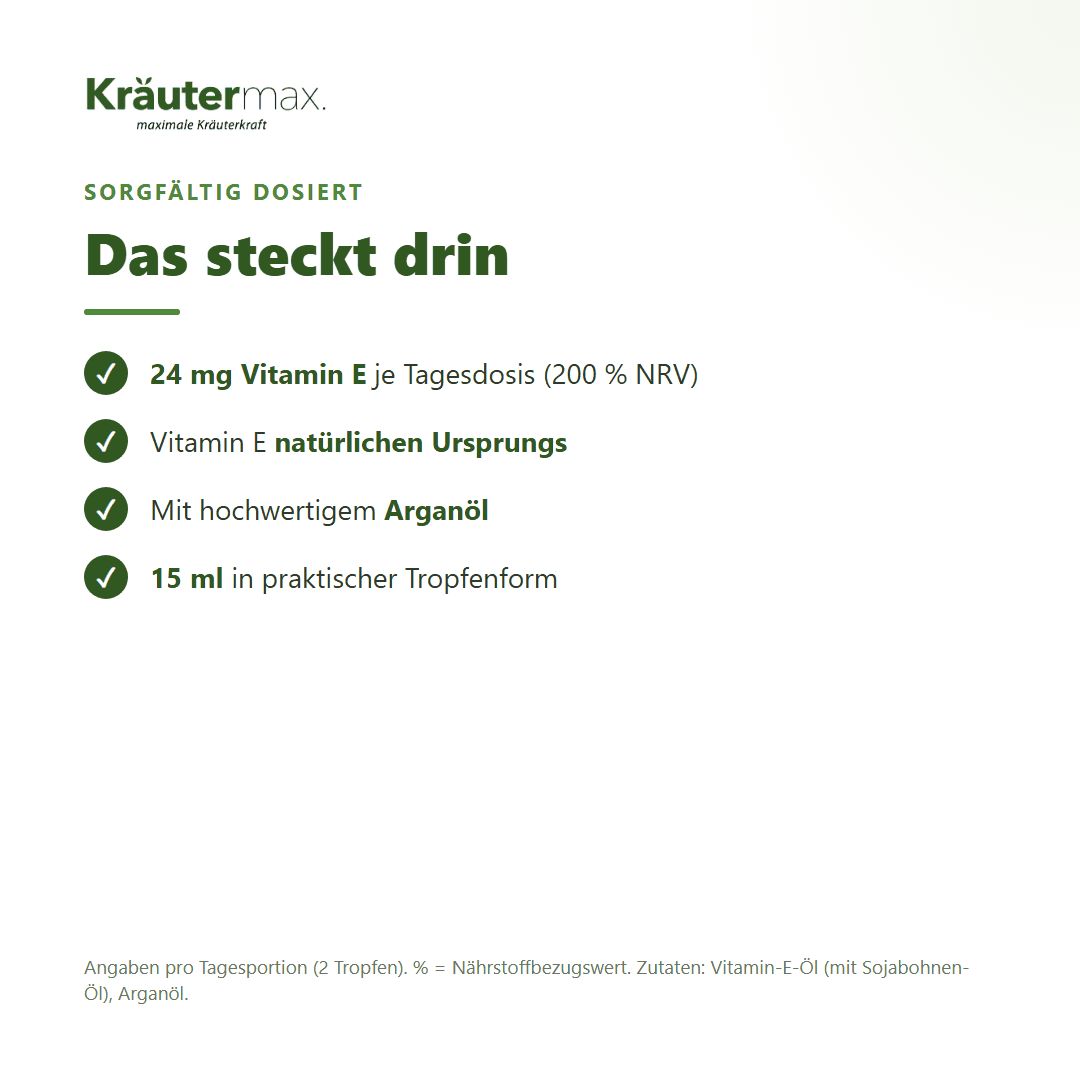 Liste: 24 mg Vitamin E, natürlicher Ursprung, Arganöl, 15 ml Tropfenform.