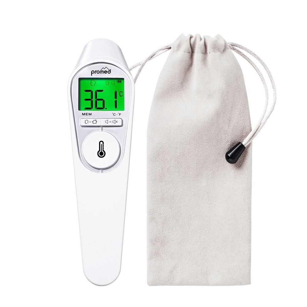 Infrarot-Thermometer und Aufbewahrungstasche. Thermometer zeigt 36,1°C. Tasche aus Stoff.
