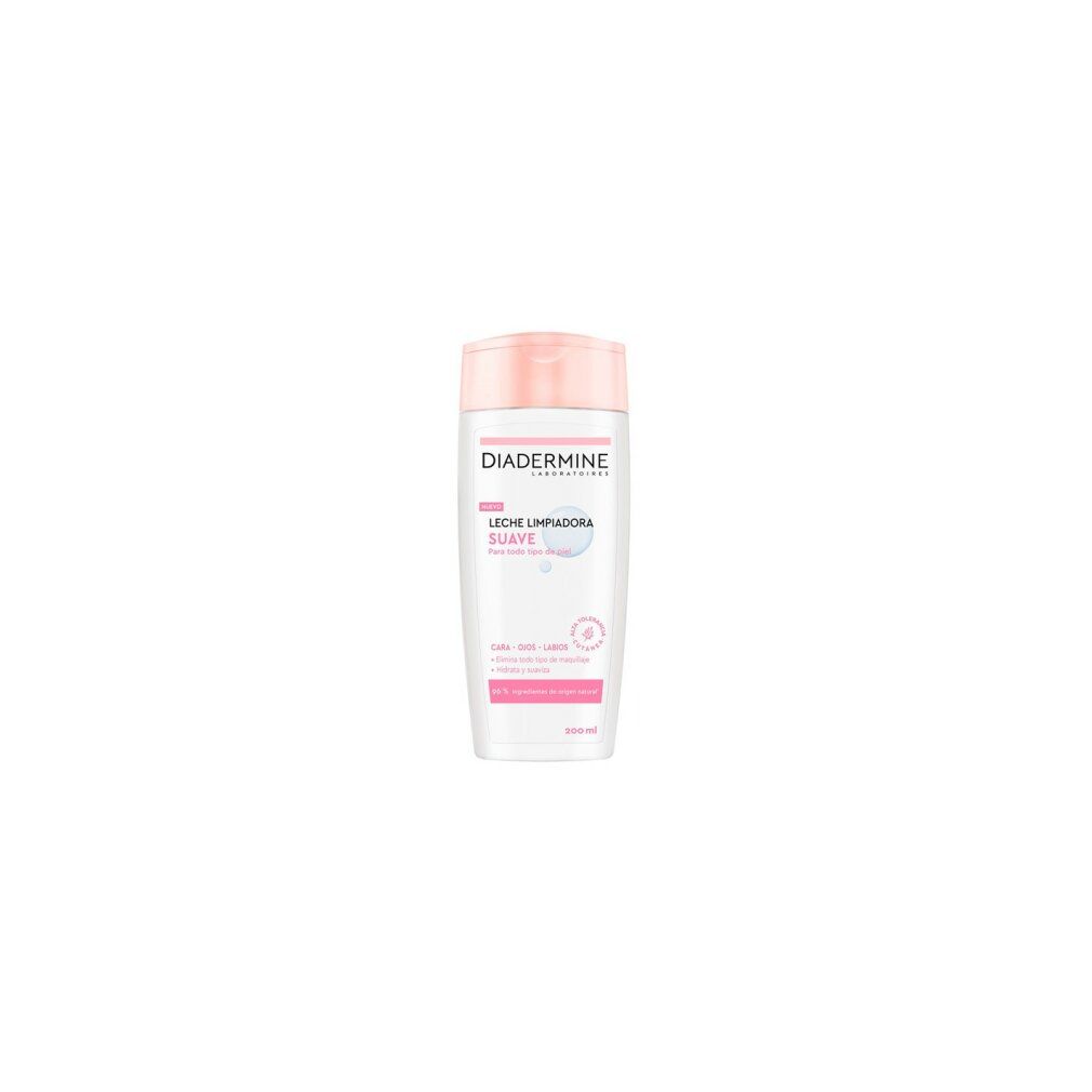 Diadermine Reinigungsmilch. Weiße Flasche mit rosa Deckel. Text: 'LECHE LIMPIADORA SUAVE'. Für alle Hauttypen. 200 ml.