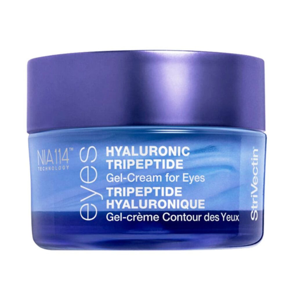 Blau-violettes Tiegel mit Produkttext. Aufschrift: HYALURONIC TRIPEPTIDE Gel-Cream for Eyes. Marke: Strivectin.