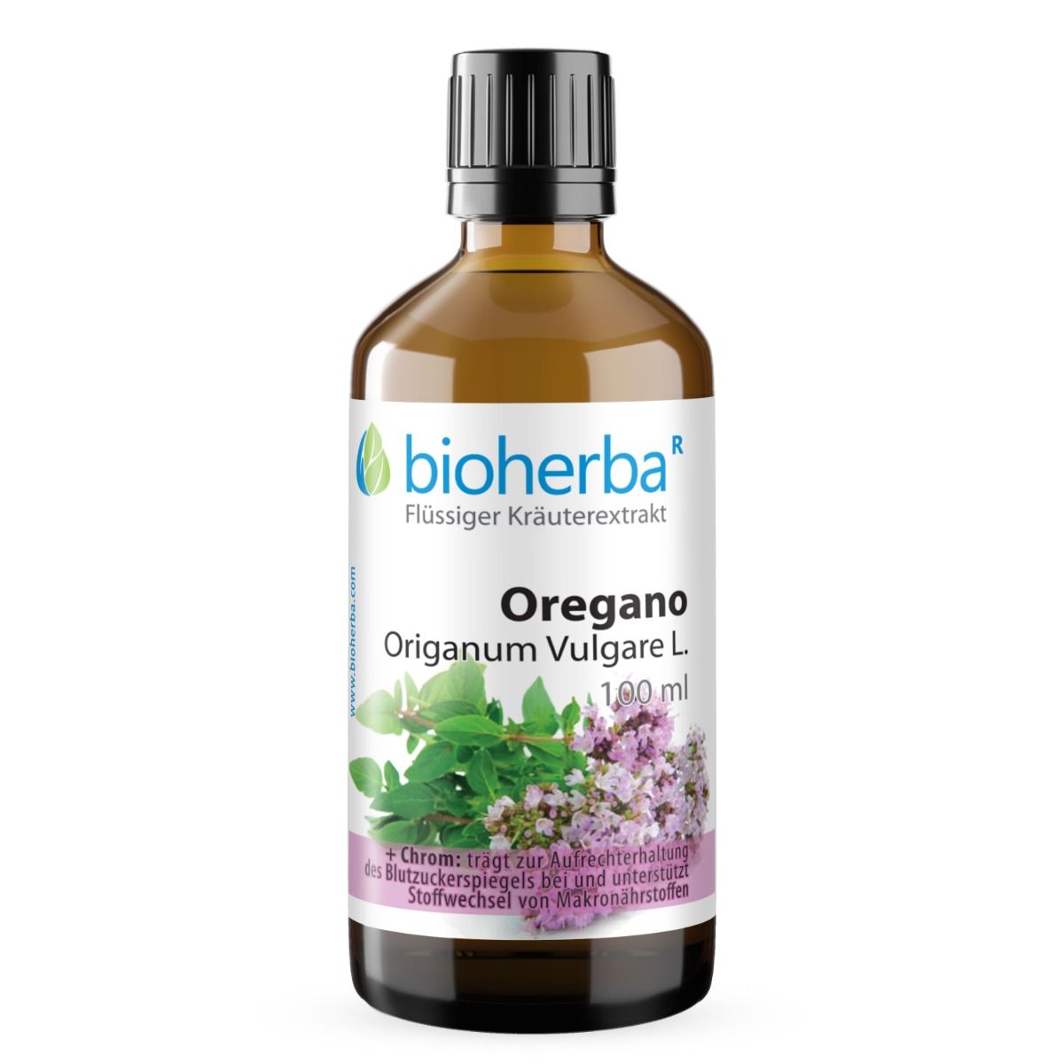 Braune Glasflasche mit schwarzem Deckel. Etikett mit Bioherba Logo, Oregano-Abbildung und Produktbezeichnung. 100 ml.