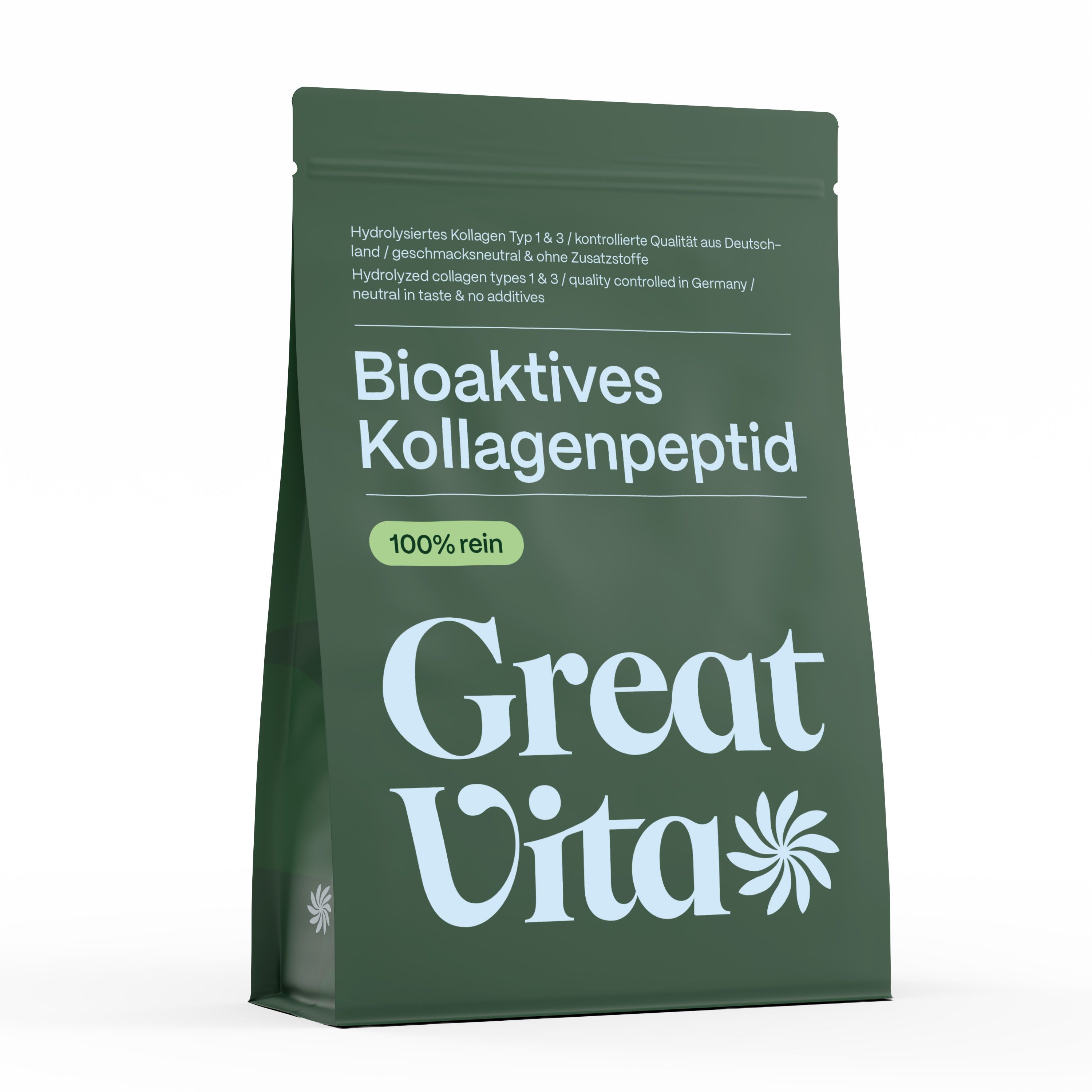 Grüne Verpackung mit GreatVita-Logo und Text: Bioaktives Kollagenpeptid, 100% rein.