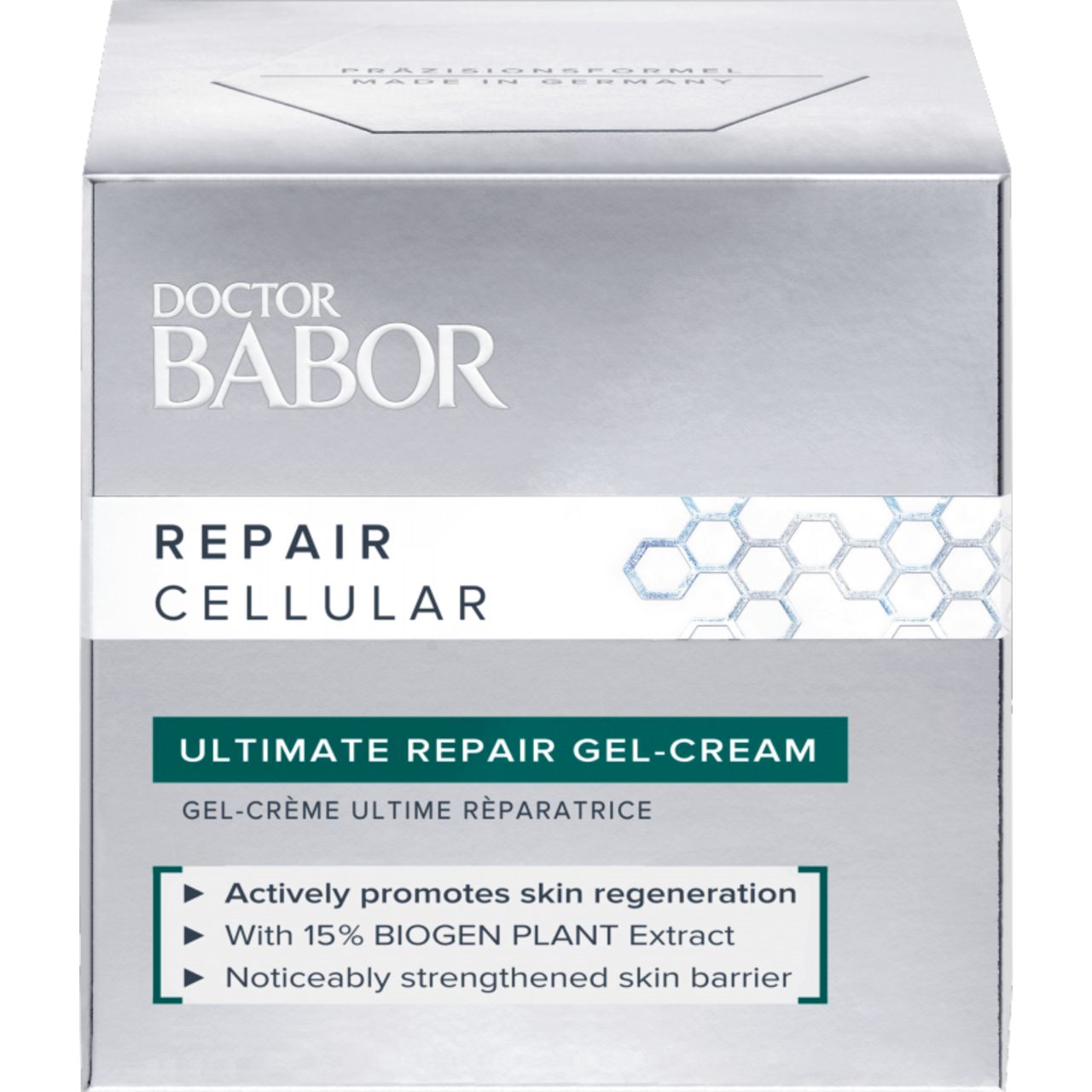 Silberne Verpackung mit Aufschrift: Doctor Babor, Repair Cellular, Ultimate Repair Gel-Cream. Text: Fördert die Hautregeneration.