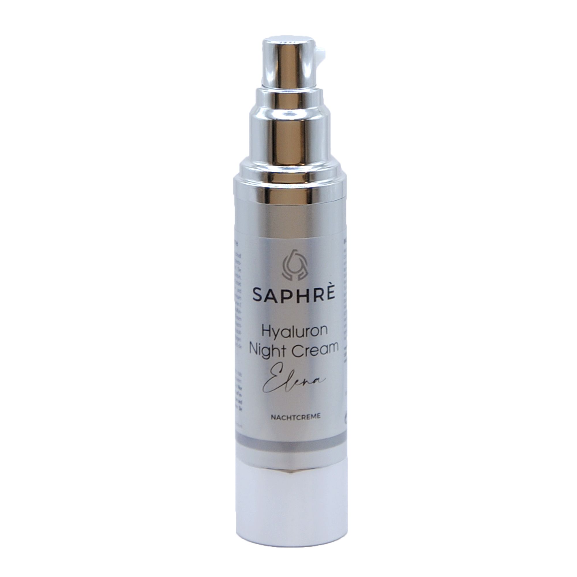 Creme-Flakon mit silberfarbenem Spender. Beschriftung: Saphre Hyaluron Night Cream Elena. Nachtcreme.