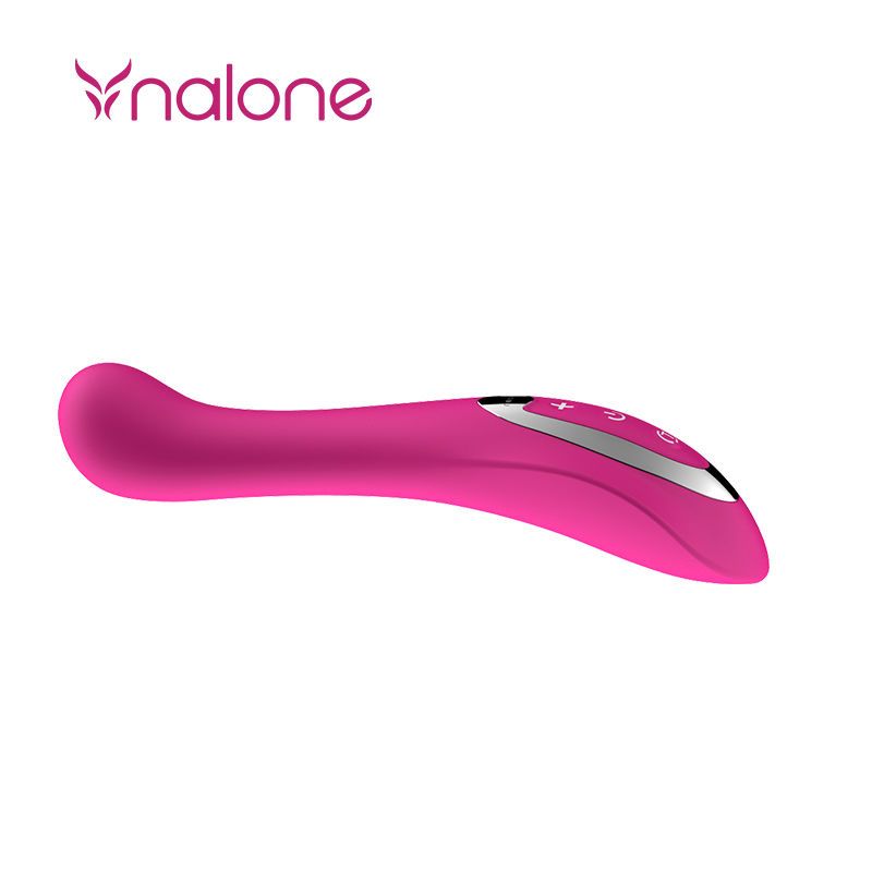 Pinkfarbener Vibrator, Seitenansicht. Silberne Bedienelemente. Marke Nalone oben links.