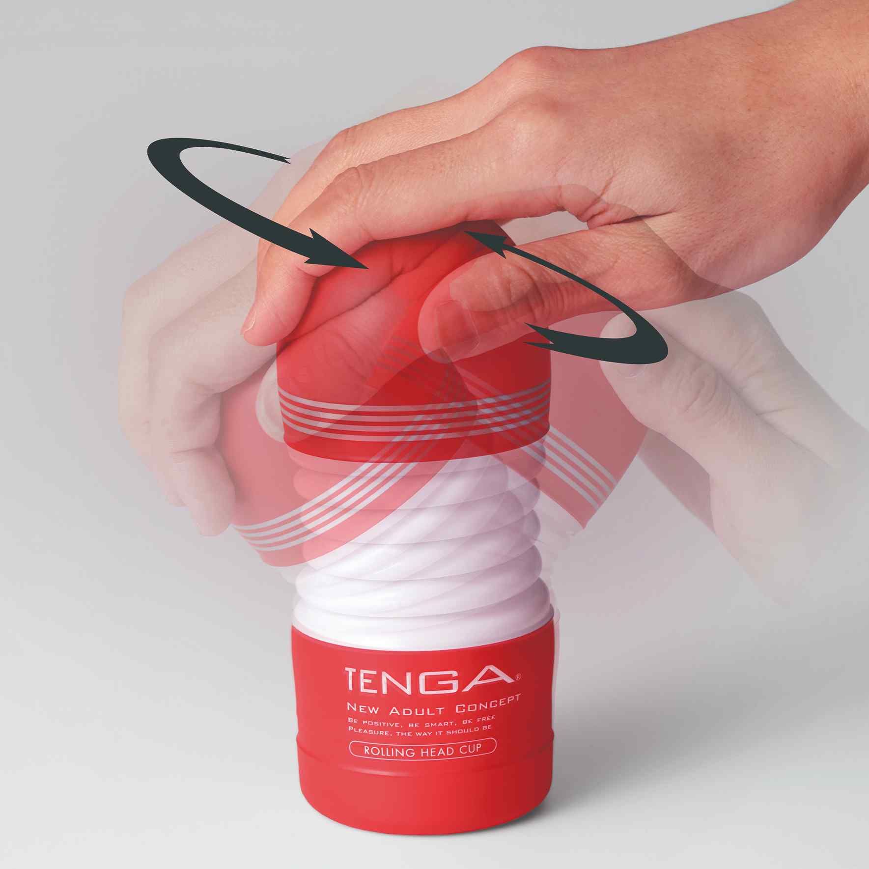 Roter und weißer Becher mit geriffelter Textur. Das Produkt wird von einer Hand gehalten, die eine Drehbewegung ausführt.