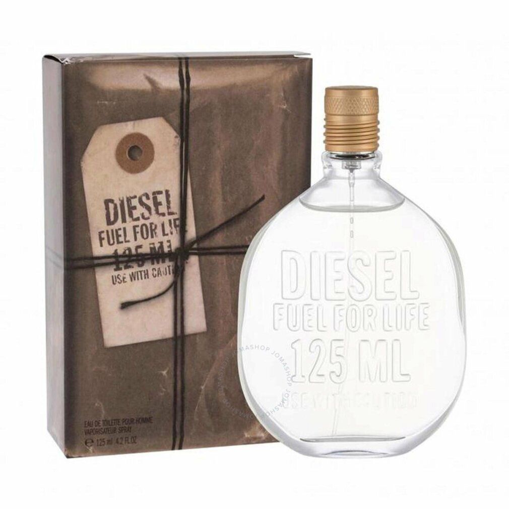 Runder Flakon mit goldfarbenem Verschluss und Verpackung. Aufschrift: DIESEL FUEL FOR LIFE 125 ML. Mit Etikett.