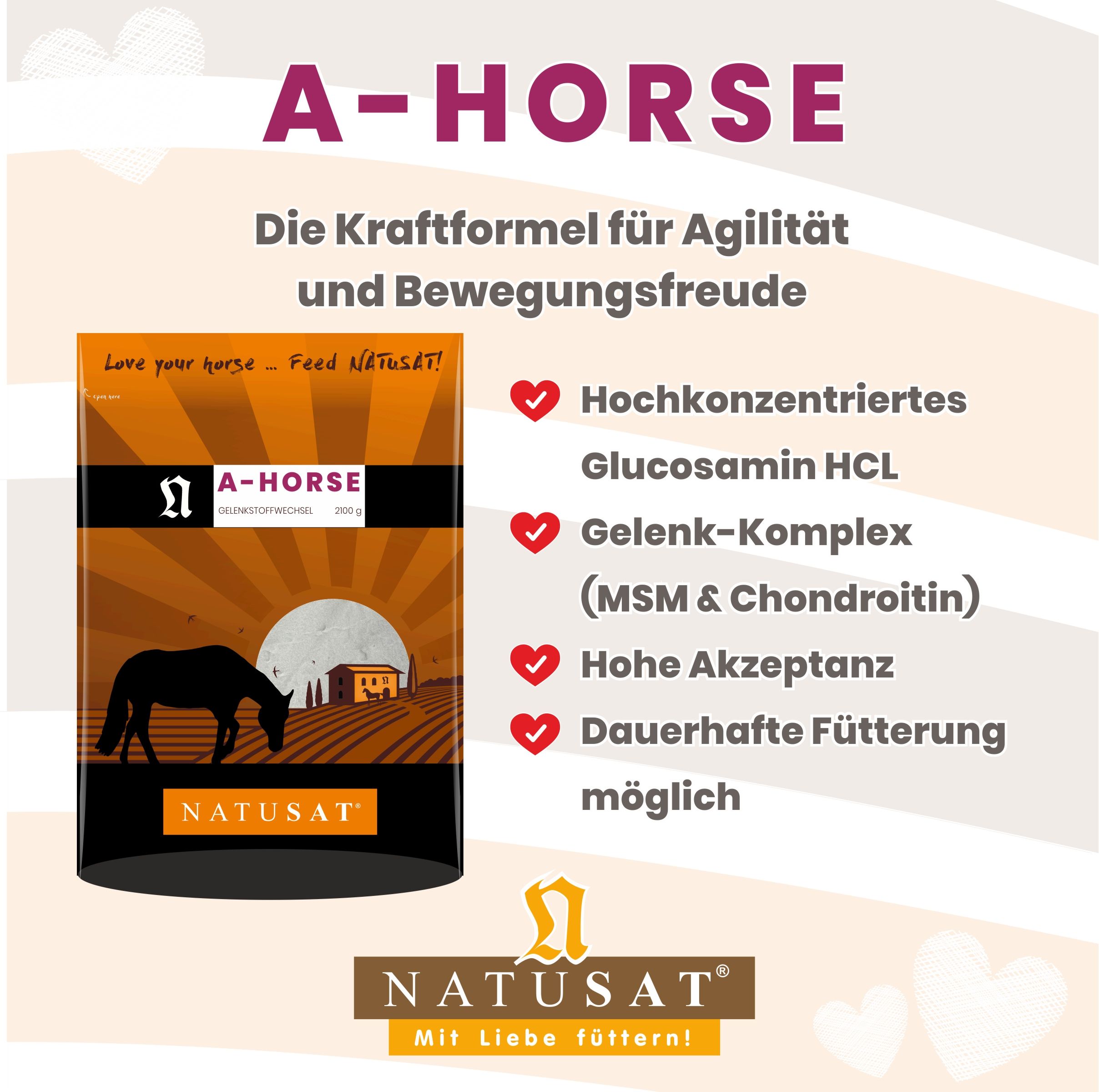 Natusat A-Horse Futterbeutel mit Auflistung von Vorteilen wie Glucosamin HCL und Gelenk-Komplex.