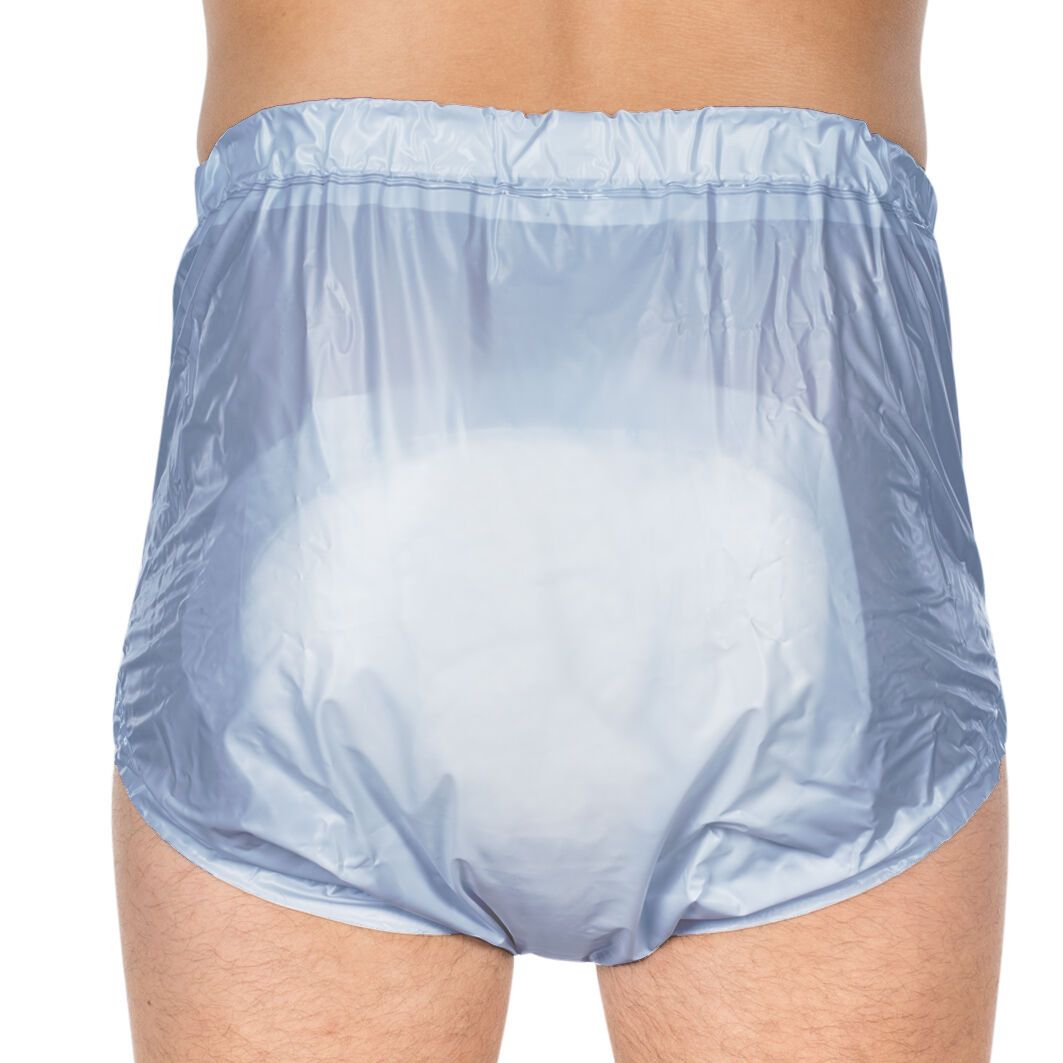 Hellblaue PVC-Slip mit verstellbarem Komfortbund. Rückansicht. Glatte Oberfläche.