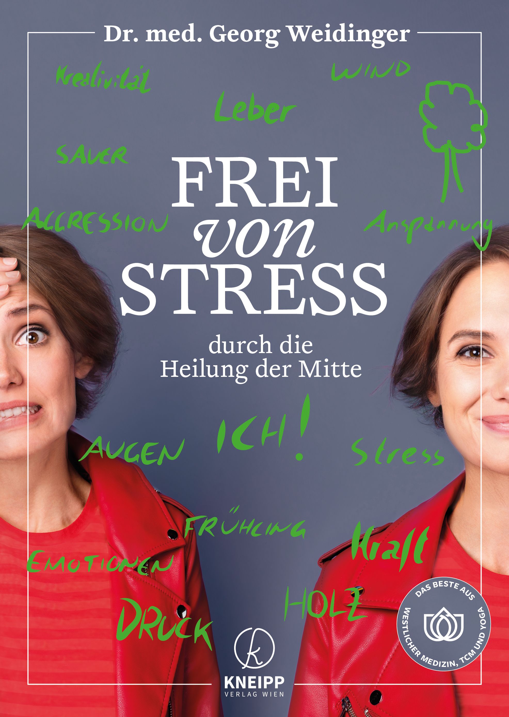 Buchcover mit dem Titel "Frei von Stress". Zwei Frauen, eine mit besorgtem, die andere mit entspanntem Gesichtsausdruck. Kneipp Verlag.
