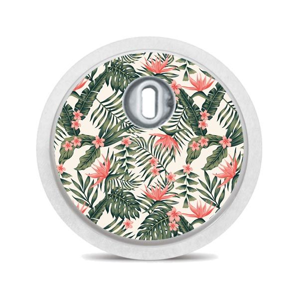 Runder Aufkleber mit tropischem Blumenmuster. Rosa und grüne Blätter.