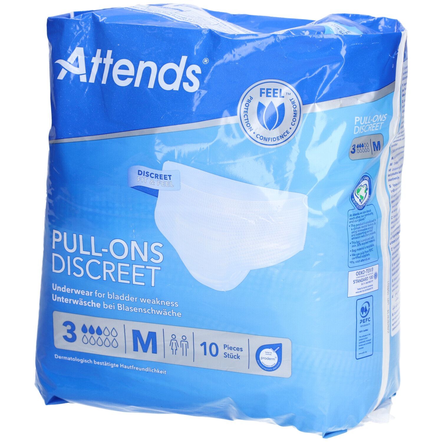 Blau-weiße Verpackung Attends Pull-Ons Discreet. Produktbild. Text: 3, M, 10 Stück. Für Blasenschwäche.
