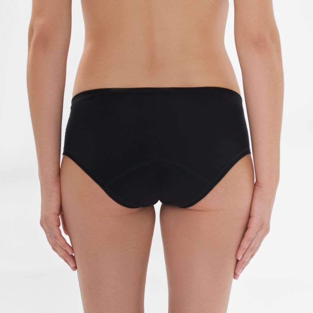 Schwarze Periodenunterwäsche. Rückansicht. Klassisches Modell. TENCEL™ Lyocell. XL.