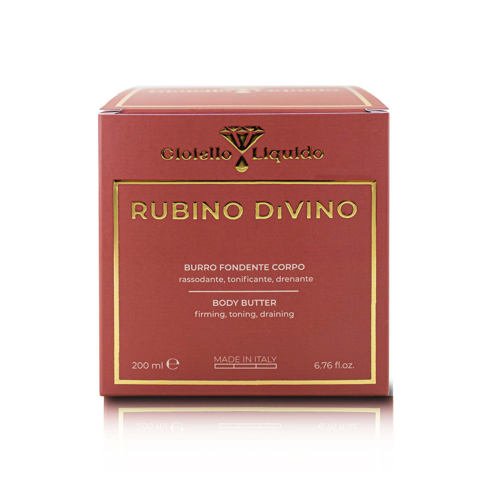 Verpackung von Rubino Divino Körperbutter. Aufschrift: Body Butter, Made in Italy. Rote Verpackung mit goldenen Details.