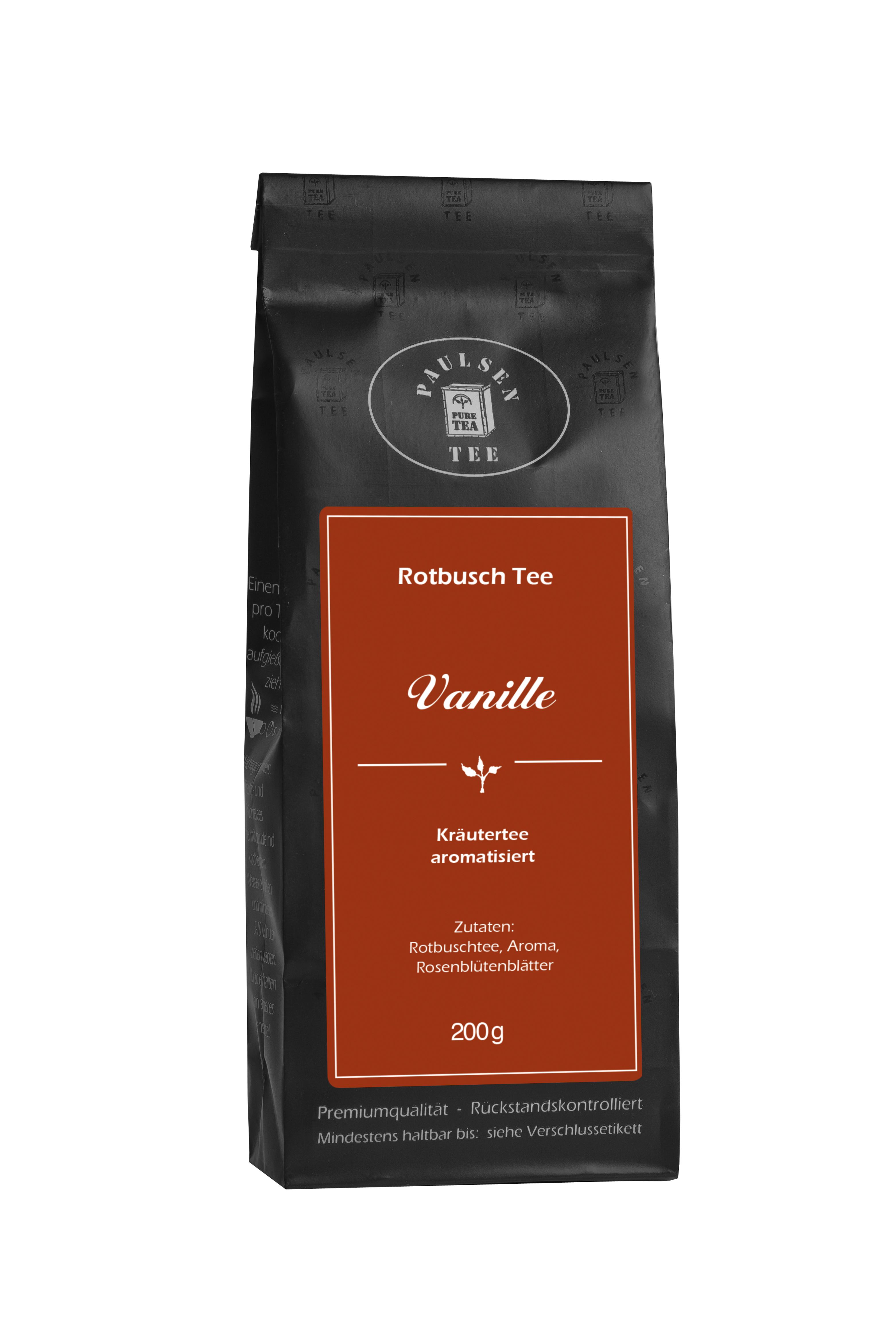 Schwarzer Beutel mit rotem Etikett. Aufschrift: Paulsen Tee, Rotbusch Tee Vanille, 200g.