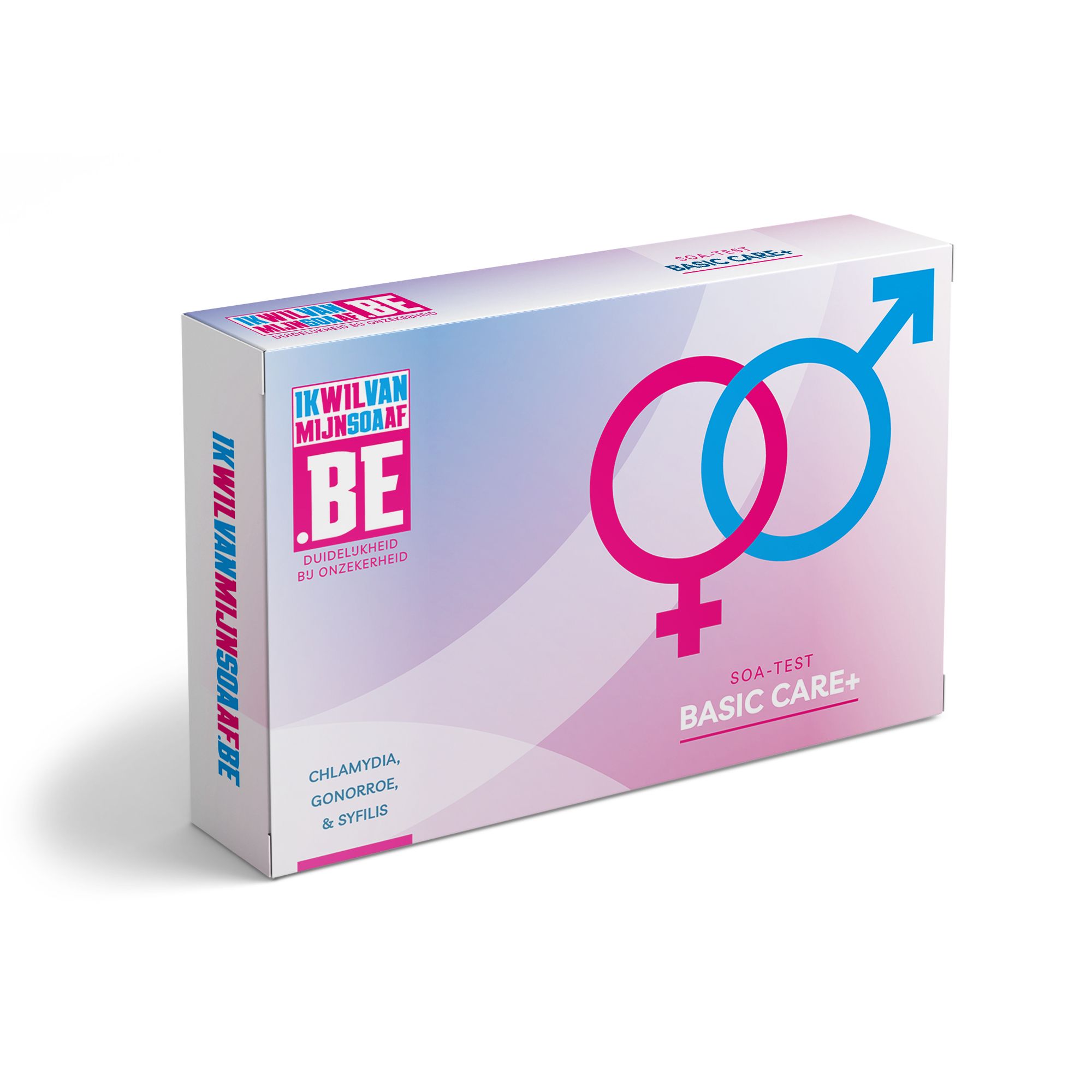 Karton mit Logo, Geschlechtssymbolen und Text. Enthält Angaben zu Chlamydien, Gonorrhöe und Syphilis.