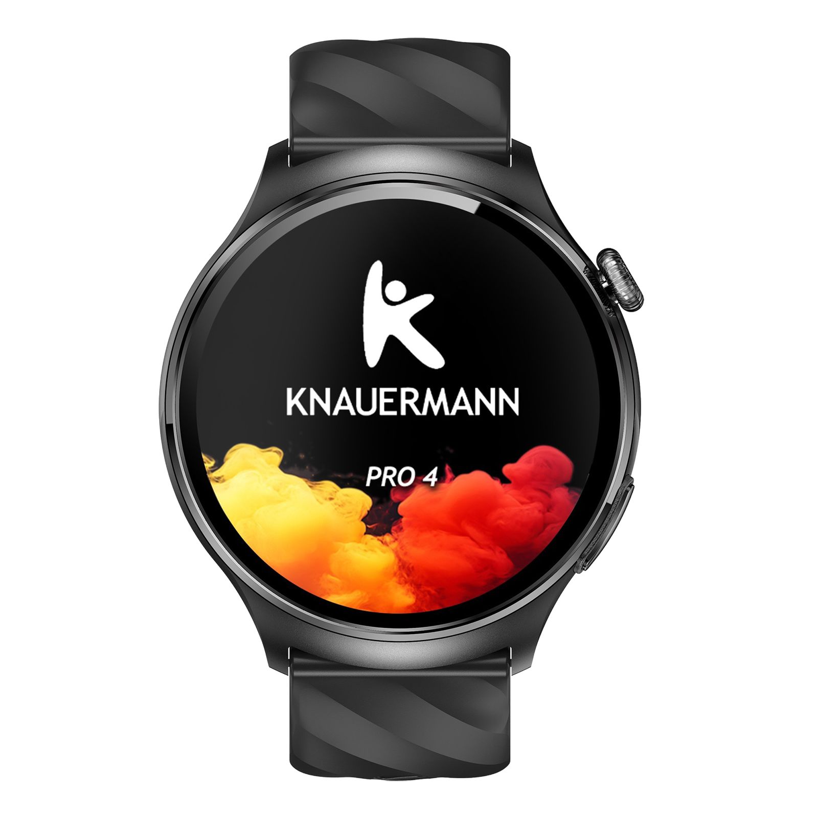Schwarze Smartwatch Knauermann PRO 4 mit rundem Zifferblatt. Logo und Produktname sichtbar. Schwarzes Armband.
