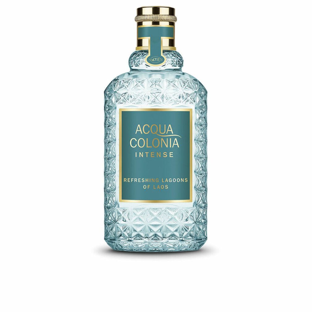 Hellblaues Eau de Cologne mit goldfarbenem Verschluss. Aufschrift: ACQUA COLONIA INTENSE, Refreshing Lagoons of Laos.