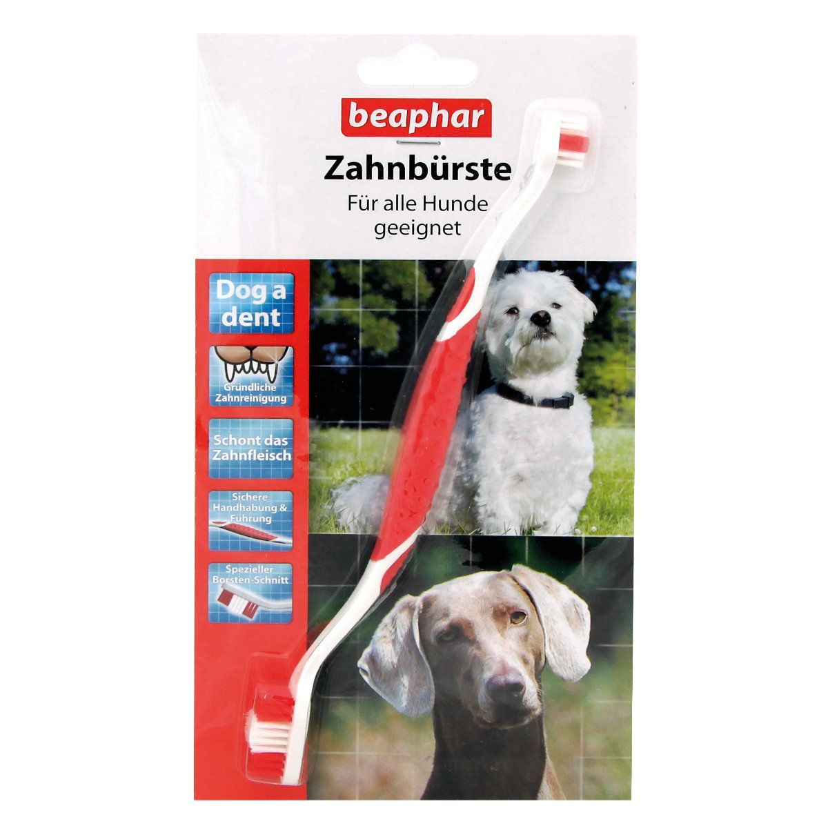 Zahnbürste für Hunde. Weißer Bürstenkopf, roter Griff. Verpackung mit Produktname und Hundeabbildungen.