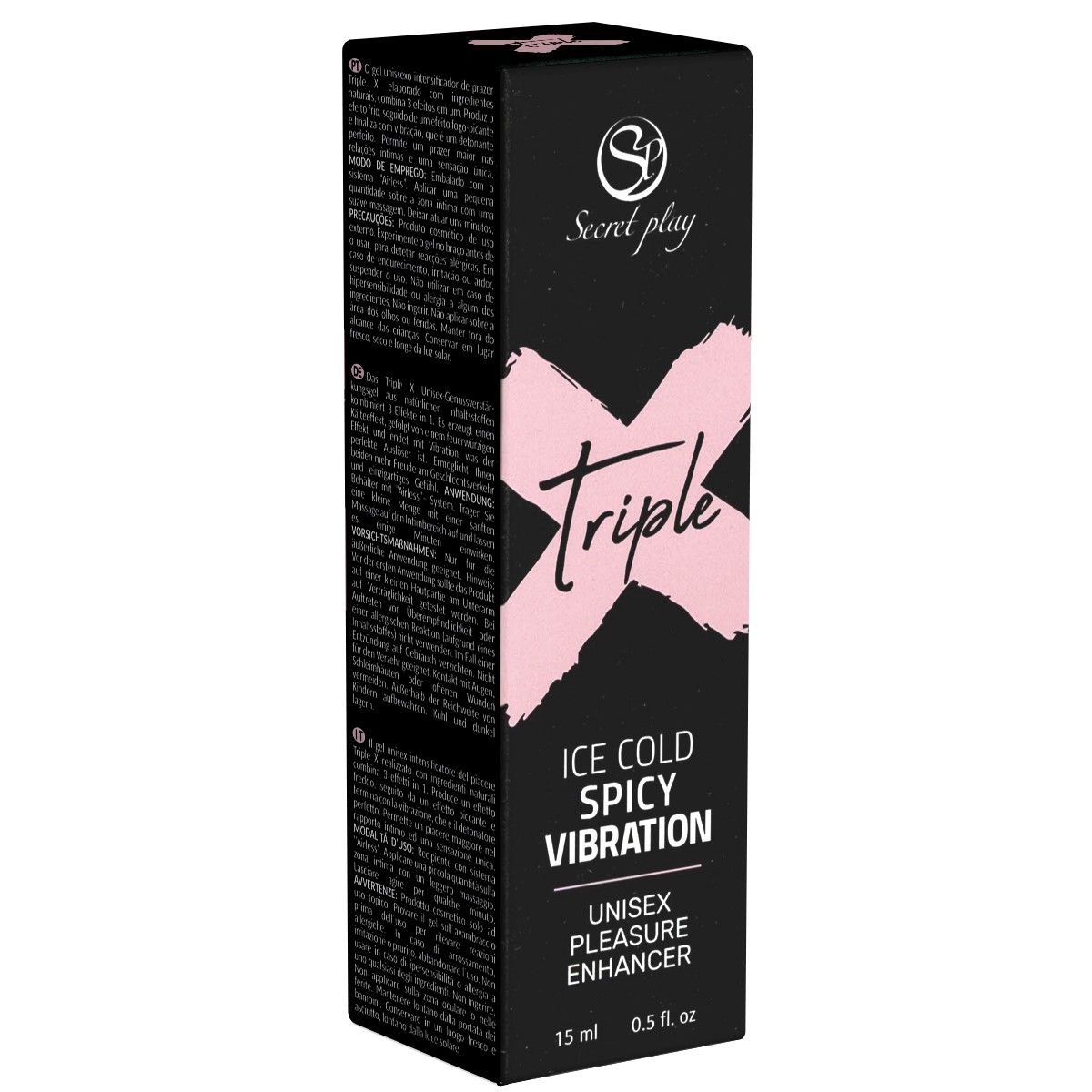 Schwarze Schachtel mit Produktinformationen. Aufschrift: Triple, Ice Cold Spicy Vibration, Unisex Pleasure Enhancer. Marke: Secret Play.