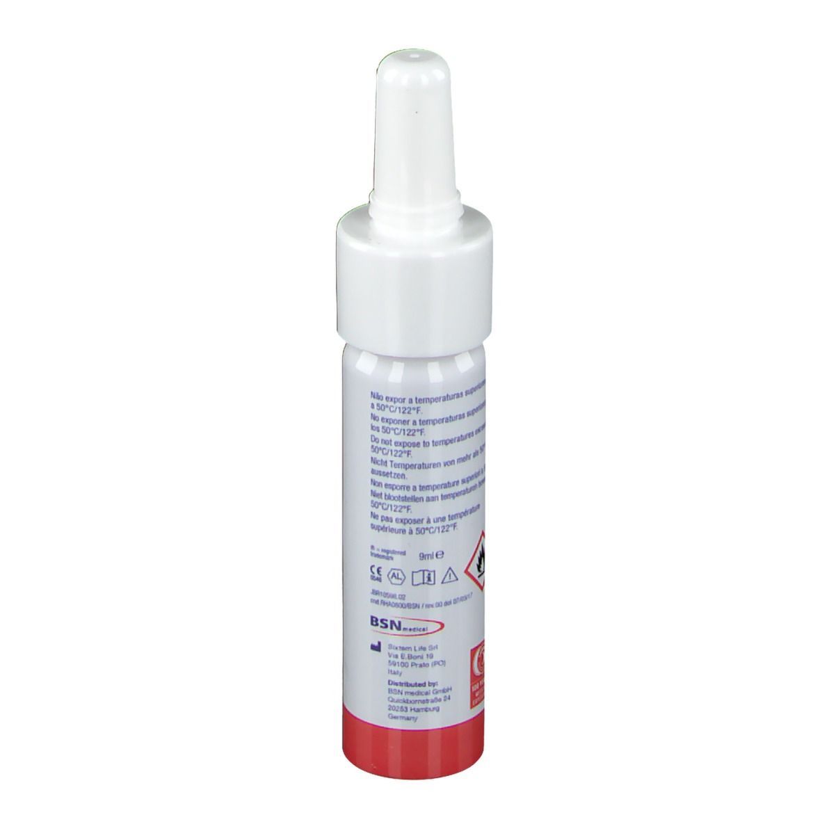 Leukoplast Rhagadil Spray. Weiße Flasche mit rotem Boden. Text und Warnhinweise auf dem Etikett.
