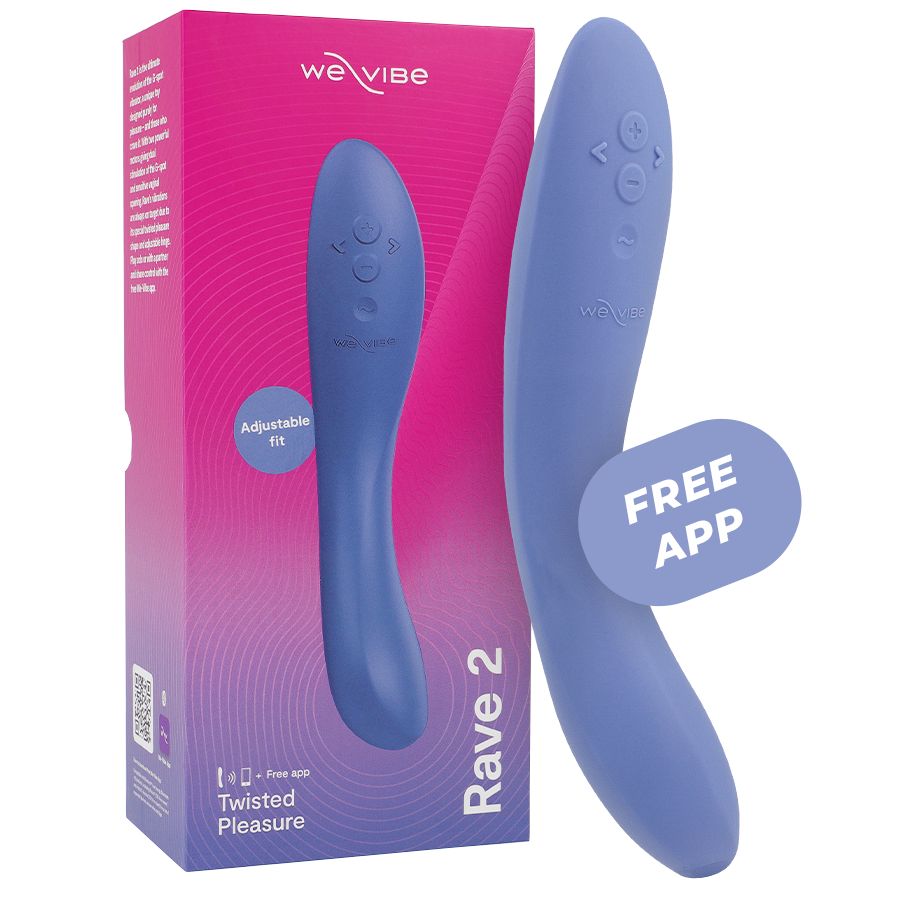 Verpackung mit blauem Vibrator. Text: "Rave 2", "Free App", "Adjustable fit".