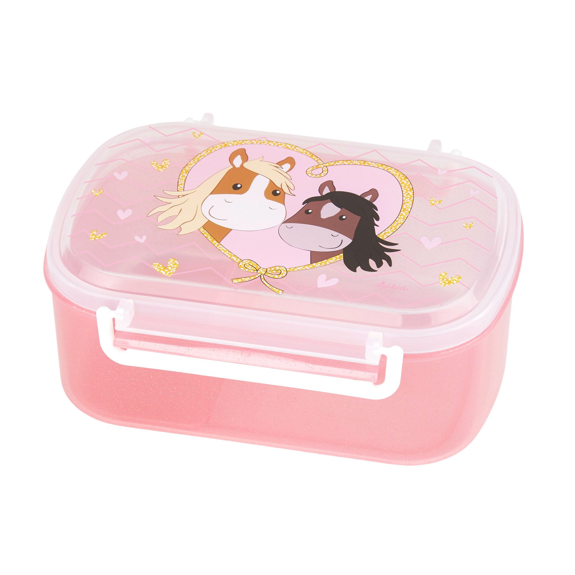 Geschlossene rosa Brotbox mit Pony-Motiv. Zwei Pferde in Herzform auf dem Deckel. Verschlusshaken sichtbar.