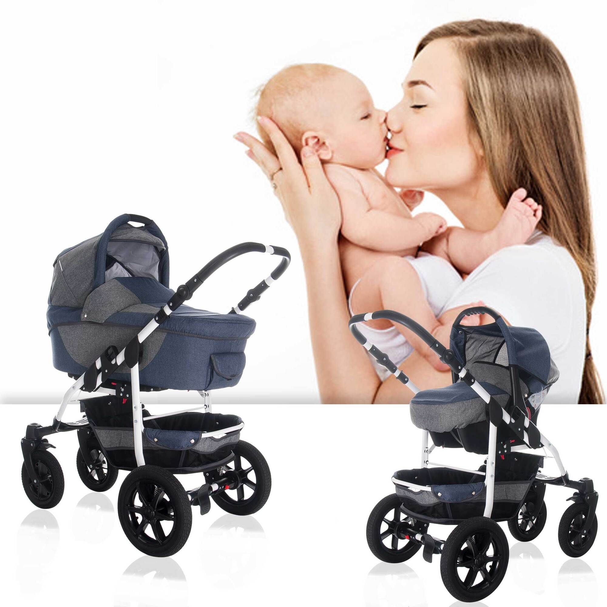 Kinderwagen, blau-grau, neben einer Frau, die ein Baby küsst. Luftreifen.
