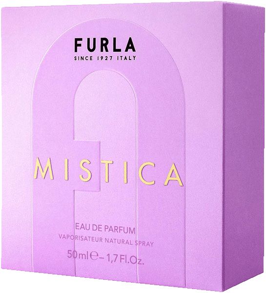 Lila Kartonverpackung für Parfüm. Oben steht "FURLA SINCE 1927 ITALY". In der Mitte steht "MISTICA" in Goldbuchstaben. Darunter "EAU DE PARFUM".