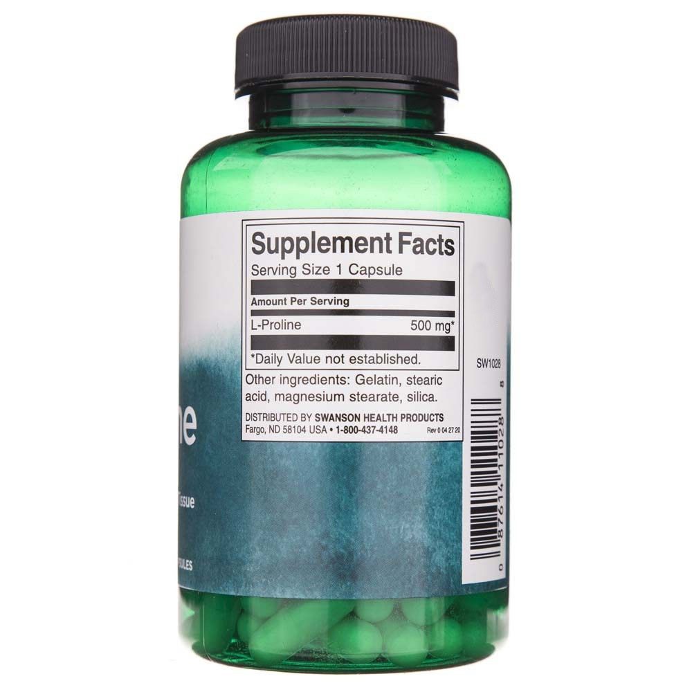 Rückseite einer grünen Flasche mit L-Prolin-Kapseln, Supplement-Fakten und Inhaltsstoffen.