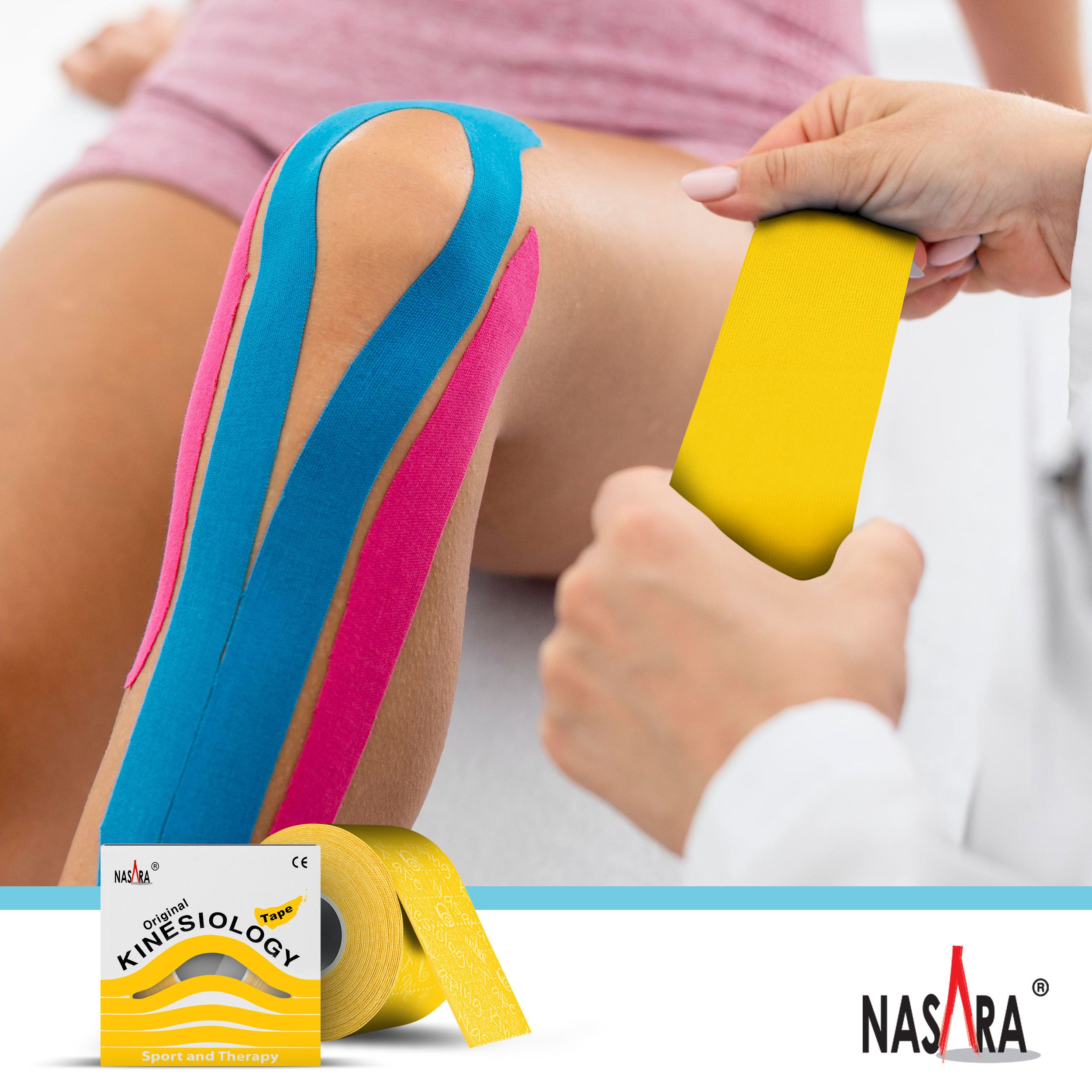 Person mit Kinesiologie-Tape am Knie. Gelbes Tape wird gehalten. Box mit Text: NASARA, Original Kinesiology Tape.