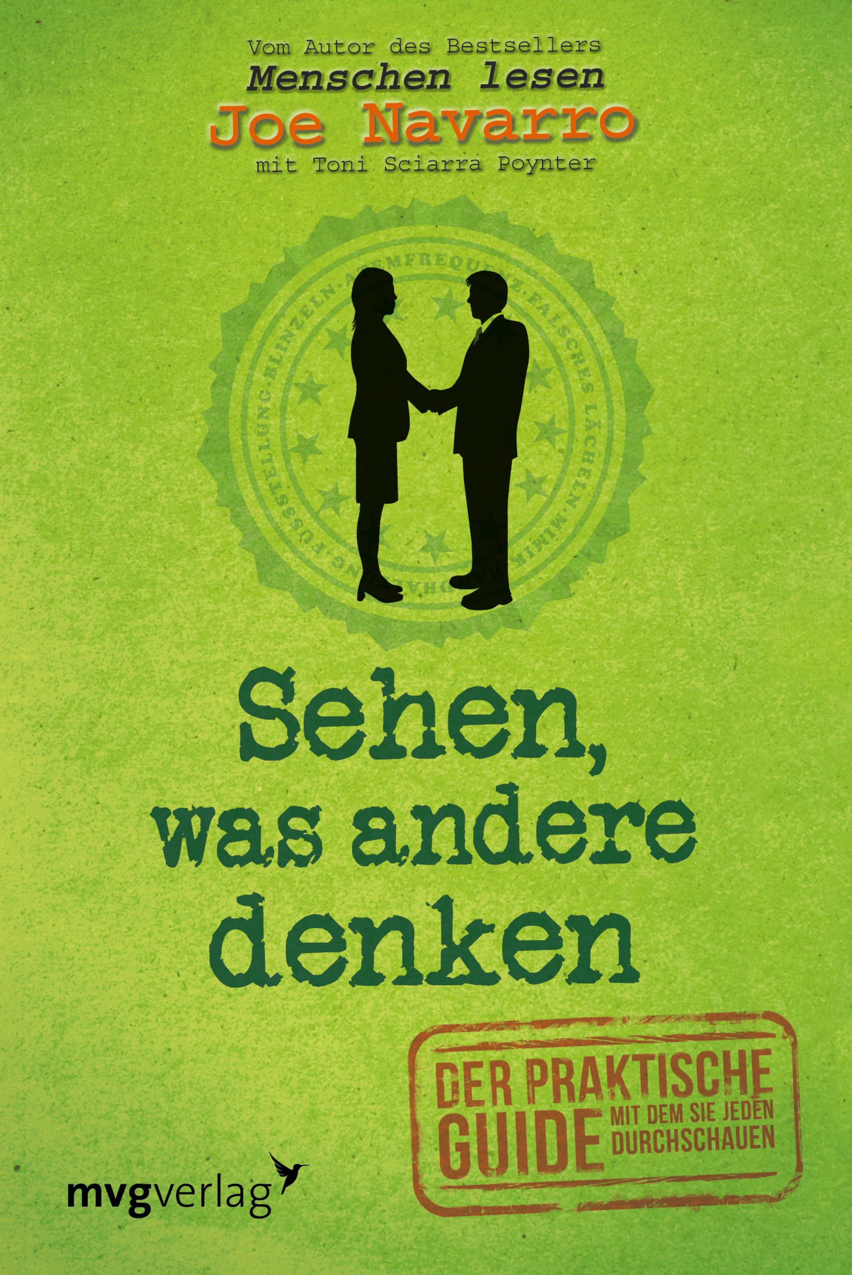 Buchcover: "Sehen, was andere denken". Titel und Autorennamen. Grüner Hintergrund mit stilisierten Figuren und Siegel.