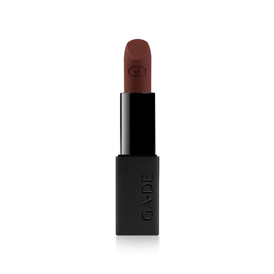 Brauner Lippenstift mit schwarzer Hülse. Auf dem Lippenstift ist "GD" eingeprägt. Auf der Hülse steht "G-ADE".